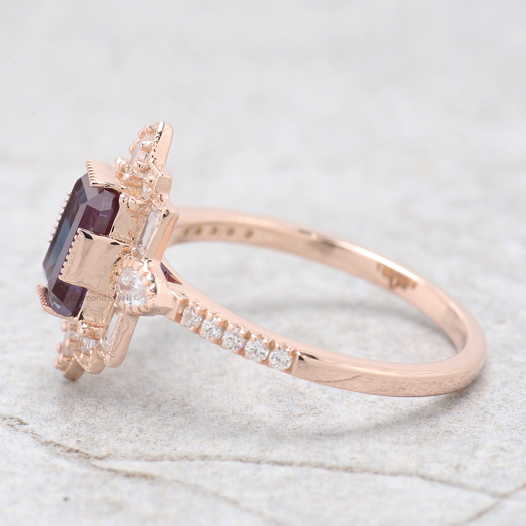 1.55 CT Emerald Cut Lab Alexandrite Engagement Ring Baguette wedding ring Unique art deco Ring Pear halo Starburst ring Gift For Her FD416