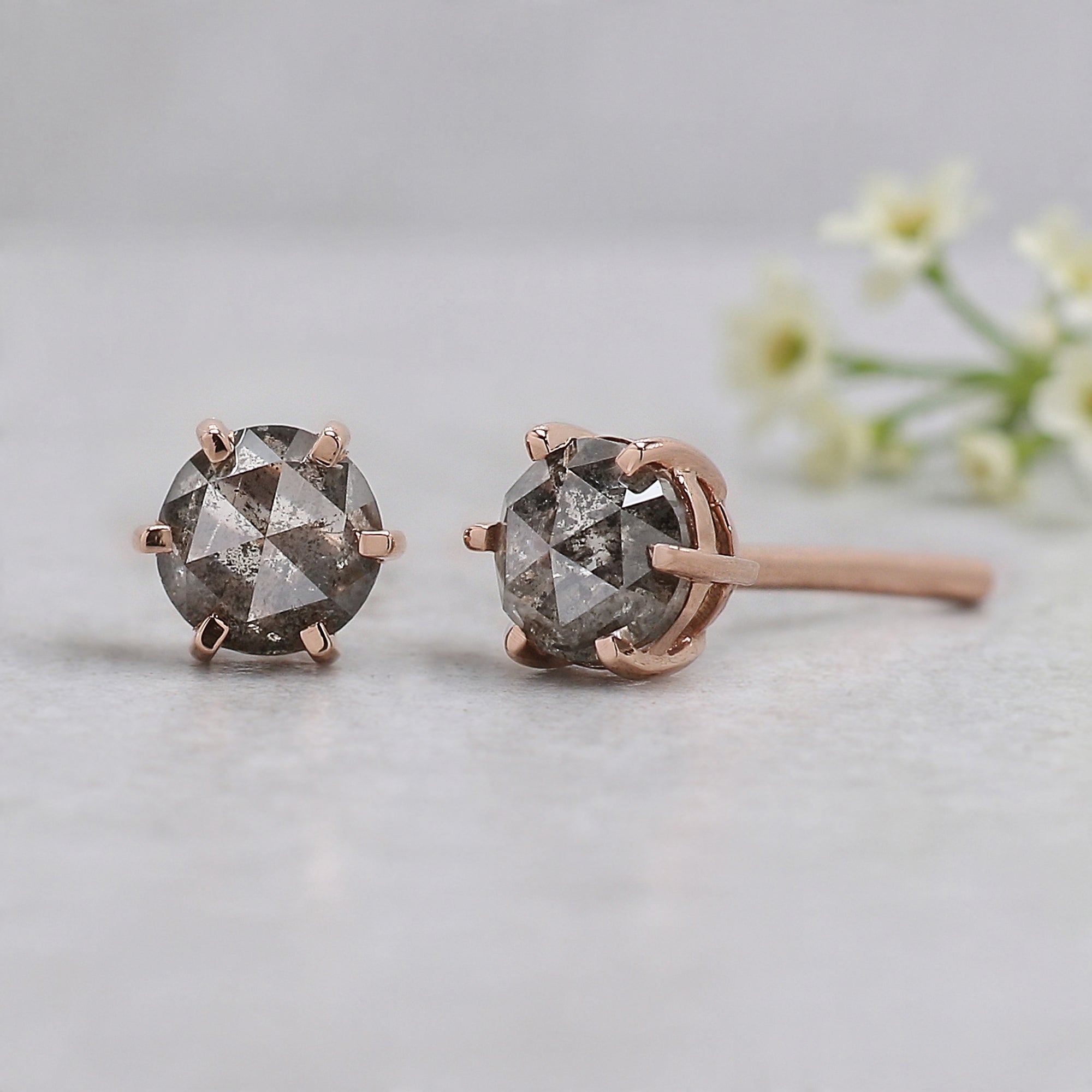 Round Rose Cut Salt And Pepper Diamond Earring 0.60 Ct 4.20 MM Round Diamond Earring 14K Solid Rose Gold Silver Earring Gift For Her KDN9314