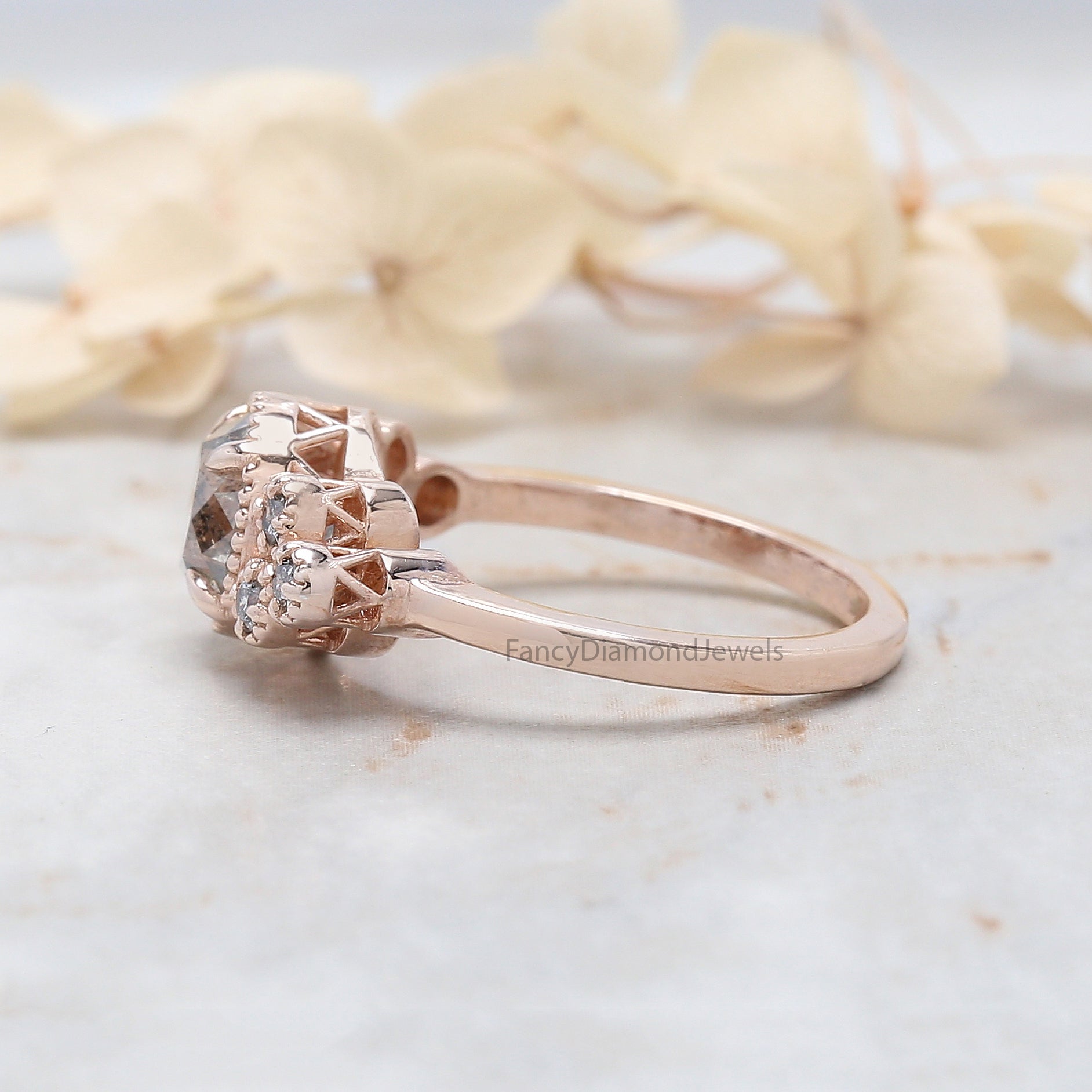 Round Cut Salt And Pepper Diamond Ring 1.57 Ct 6.90 MM Round Diamond Ring 14K Solid Rose Gold Silver Engagement Ring Gift For Her QL8546