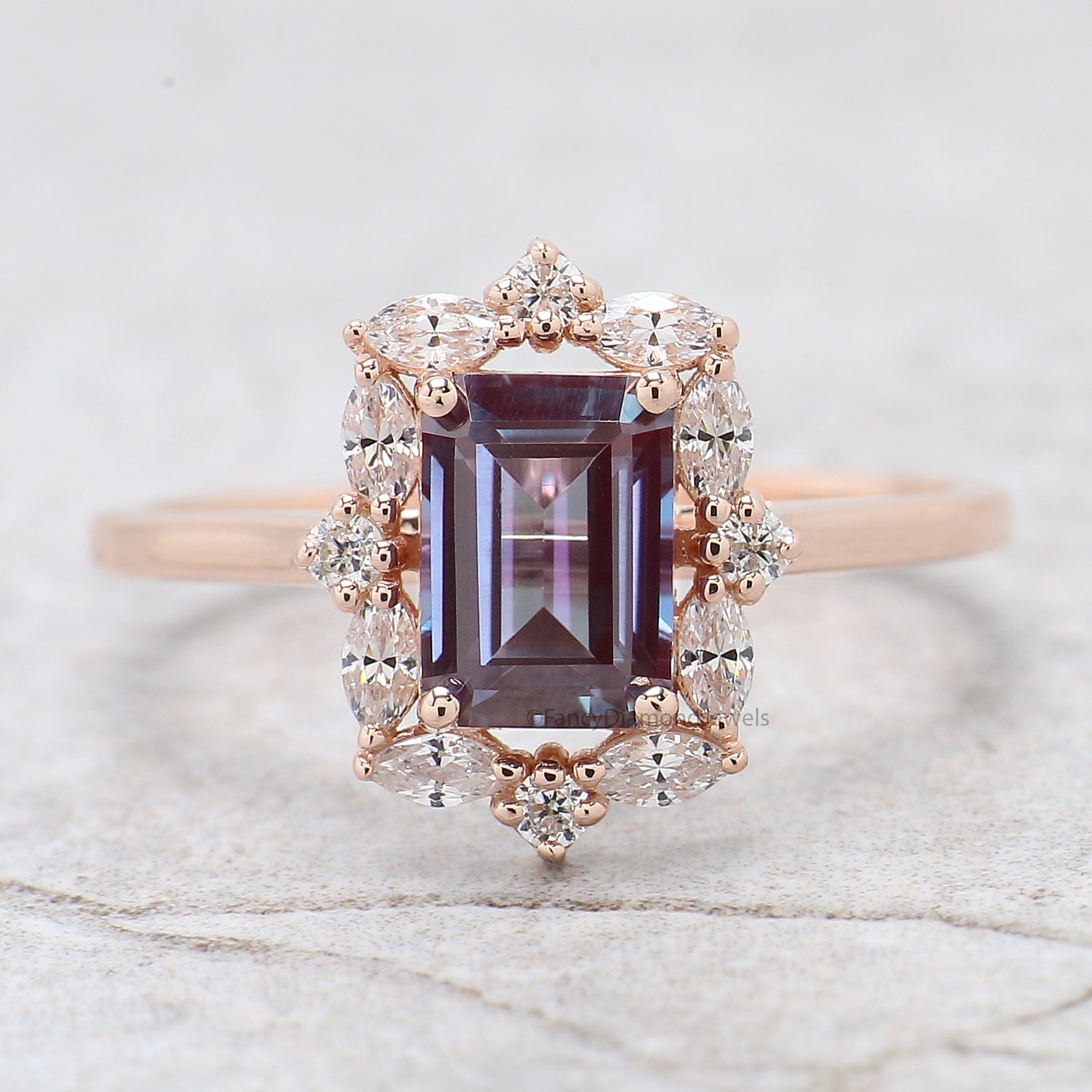 1.45 CT Emerald Cut Lab Alexandrite Engagement Ring Set Unique art deco Marquise halo Starburst Ring Round wedding ring Gift For Her FD417