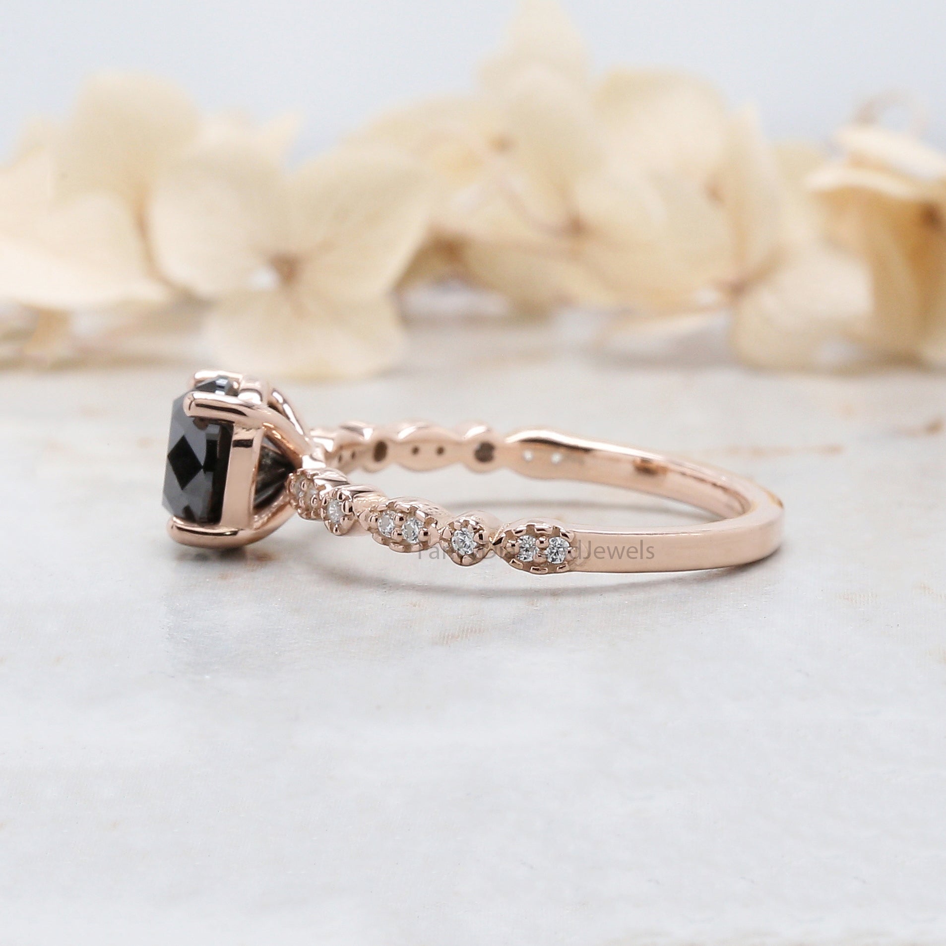 Round Cut Black Color Diamond Ring 1.50 Ct 6.60 MM Round Shape Diamond Ring 14K Solid Rose Gold Silver Engagement Ring Gift For Her QL3070