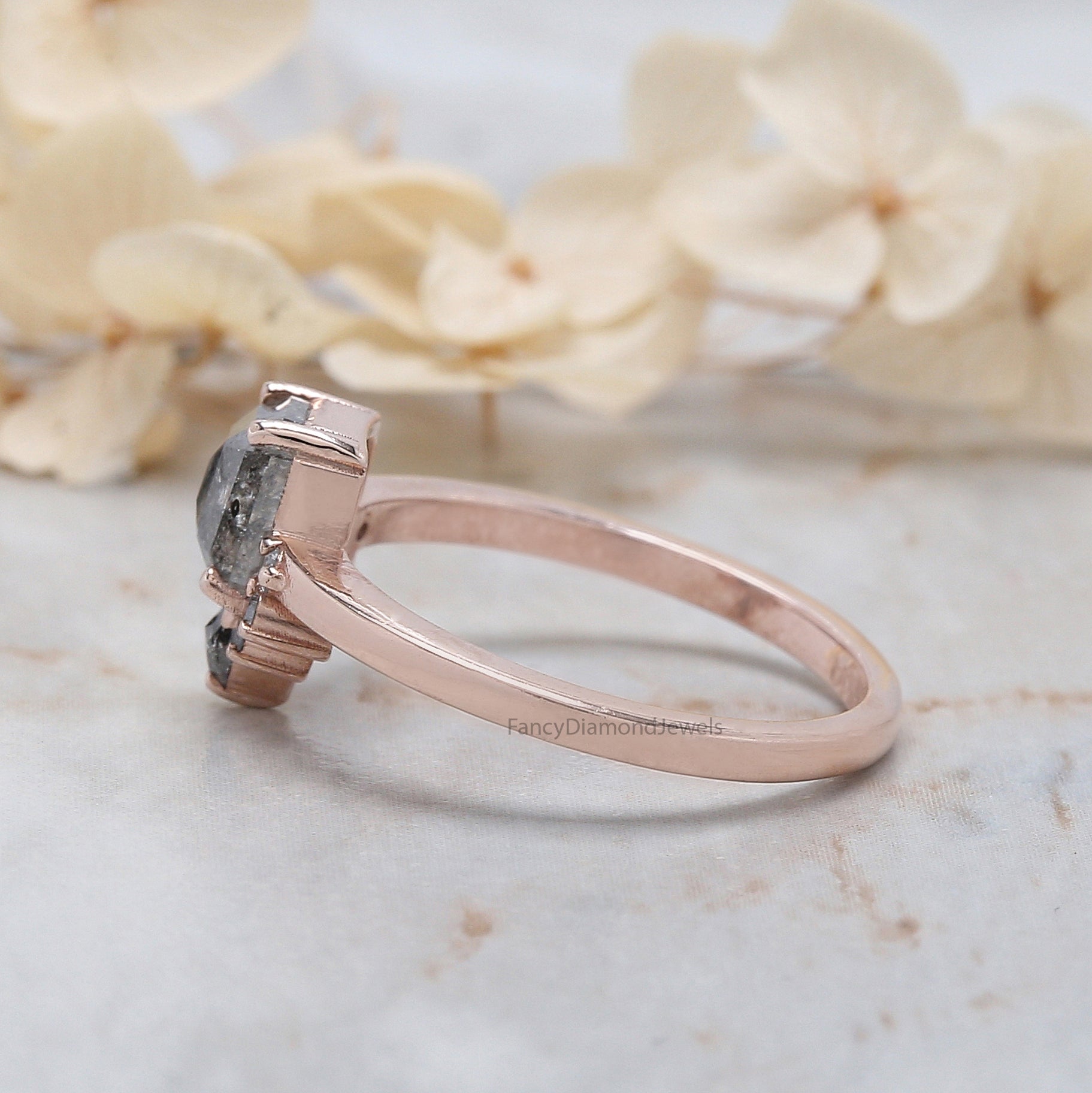Emerald Salt And Pepper Diamond Ring 0.89 Ct 6.00 MM Emerald Diamond Ring 14K Solid Rose Gold Silver Engagement Ring Gift For Her QL020