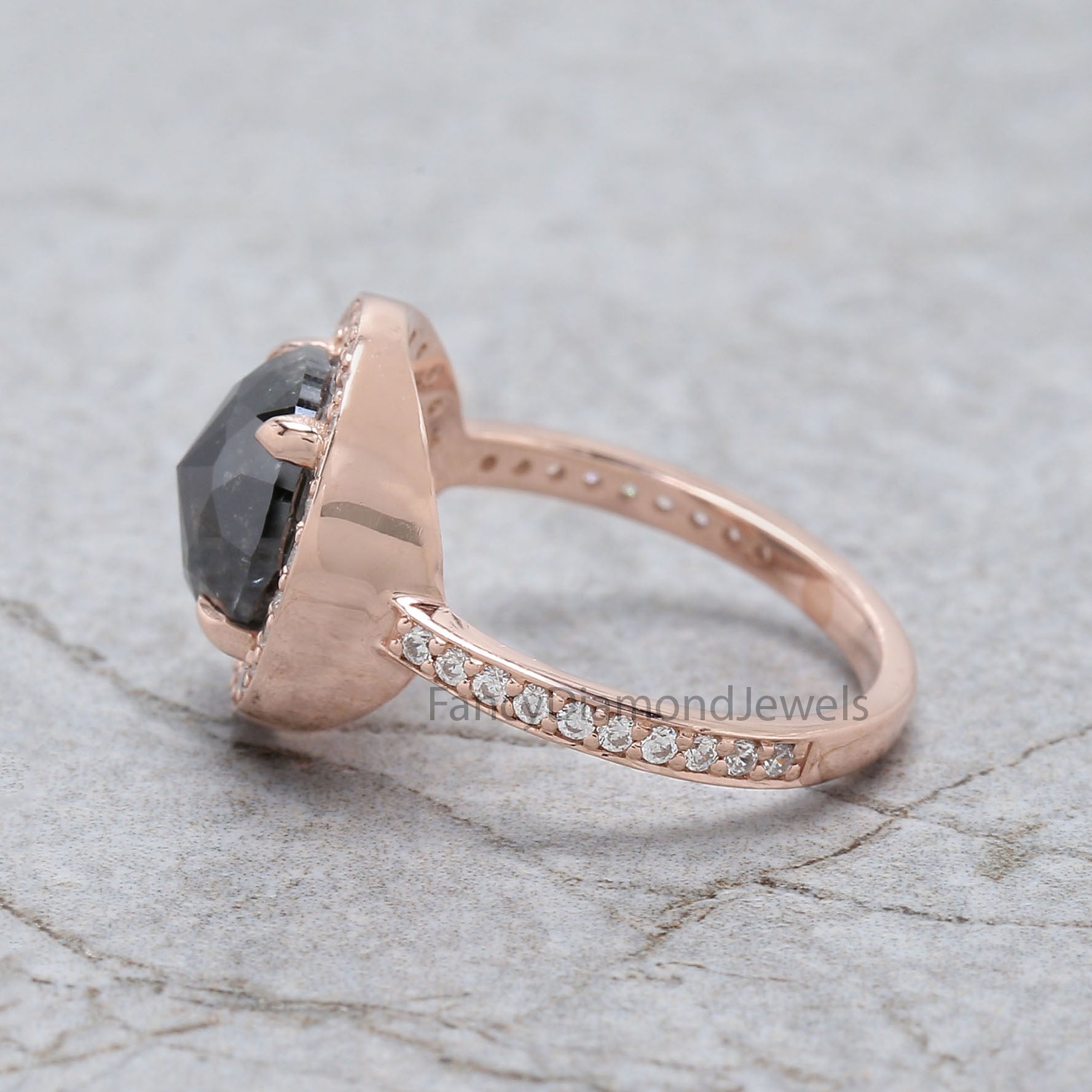 Round Rose Cut Salt And Pepper Diamond Ring 3.60 Ct 9.29 MM Round Diamond Ring 14K Rose Gold Silver Engagement Ring Gift For Her QL2130