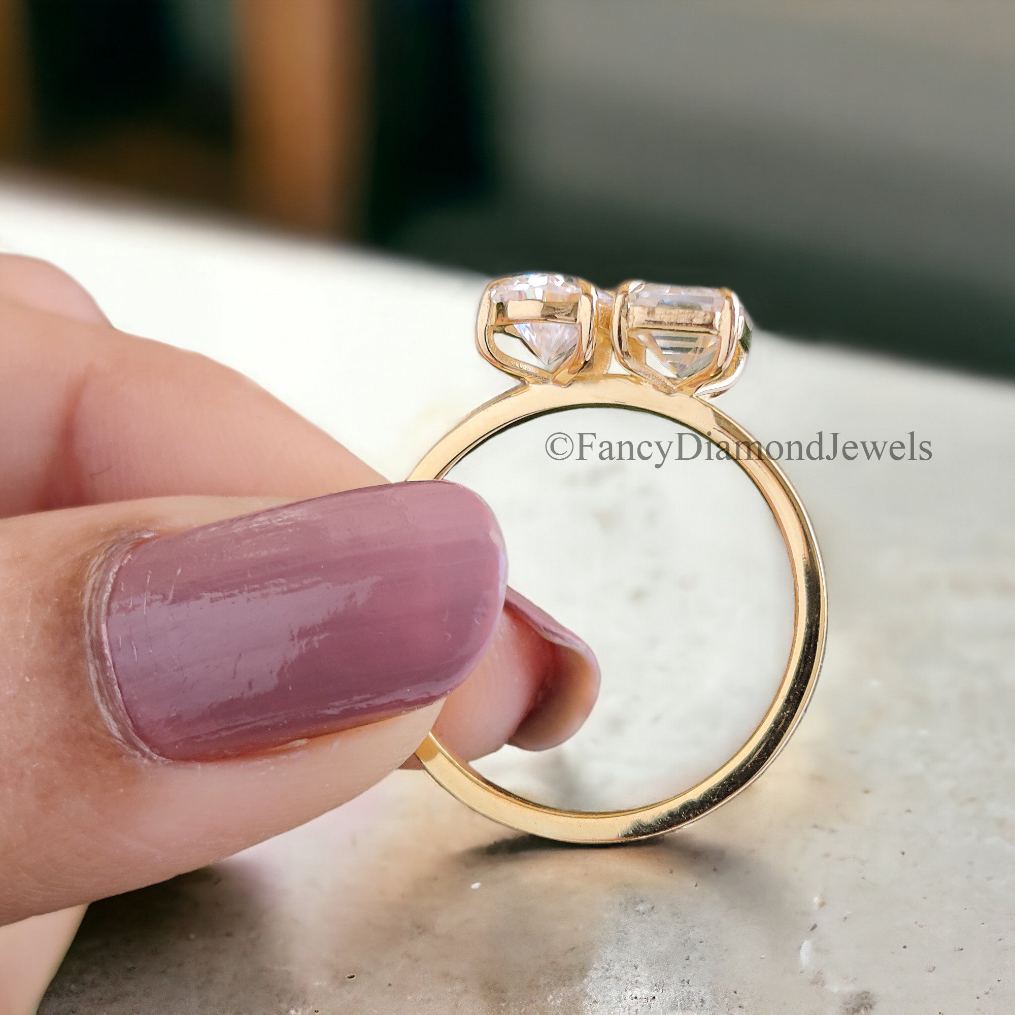 Pear And Emerald Cut Moissanite Engagement Ring 14K Solid Gold Colorless Moissanite Ring Toi Et Moi Ring Double Stone Wedding Ring FD68