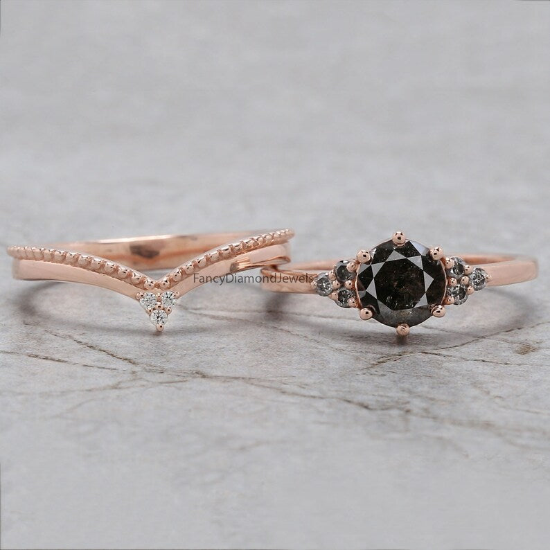 1.02 Ct Natural Round Shape Salt And Pepper Diamond Ring 6.10 MM Round Cut Diamond Ring 14K Solid Rose Gold Silver Engagement Ring QN1453
