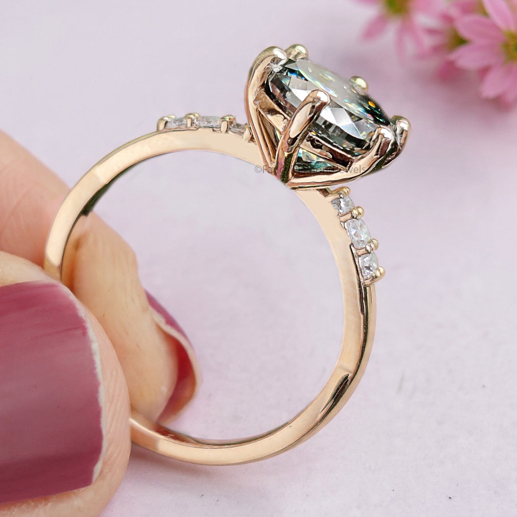 Round Portuguese Cut Blue Green Moissanite Engagement Ring Yellow Gold Ring Vintage Ring Crossover Band Wedding Ring Gift For Her FD475