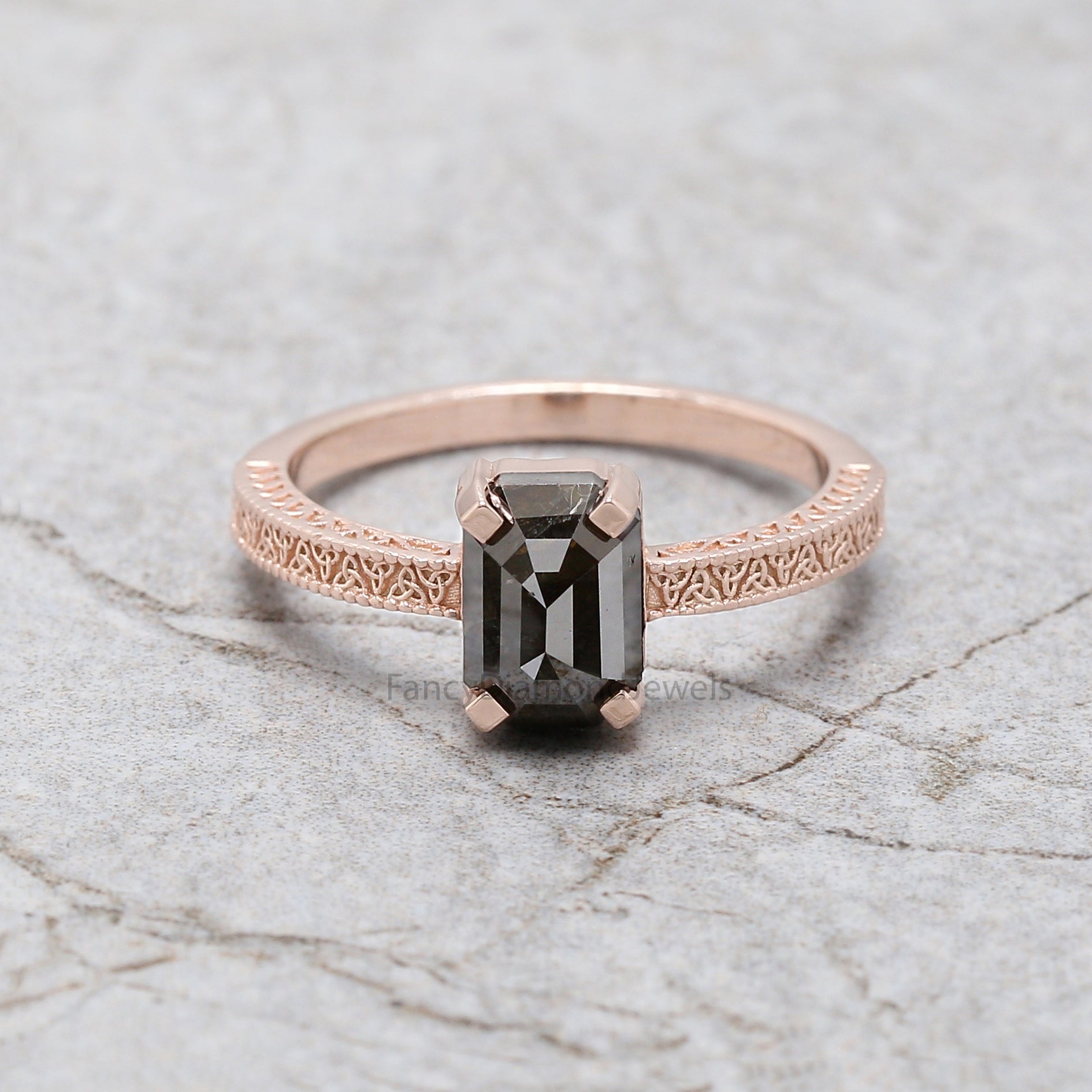 Emerald Black Color Diamond Ring 1.67 Ct 7.82 MM Emerald Shape Diamond Ring 14K Solid Rose Gold Silver Engagement Ring Gift For Her QL2853