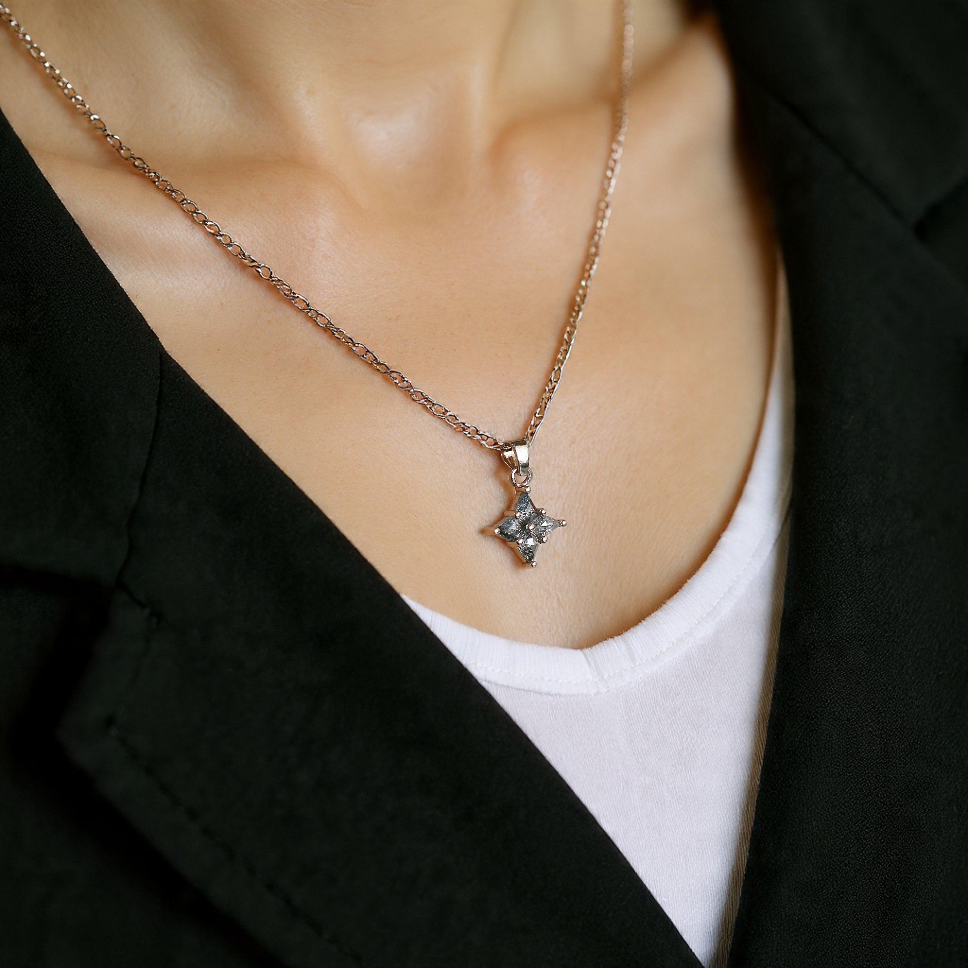 Kite Shape Salt and Pepper Diamond Pendant 0.27 Ct, 14K Solid Rose Gold Necklace, Rustic Diamond Engagement Pendant, Gift for Her KD1087