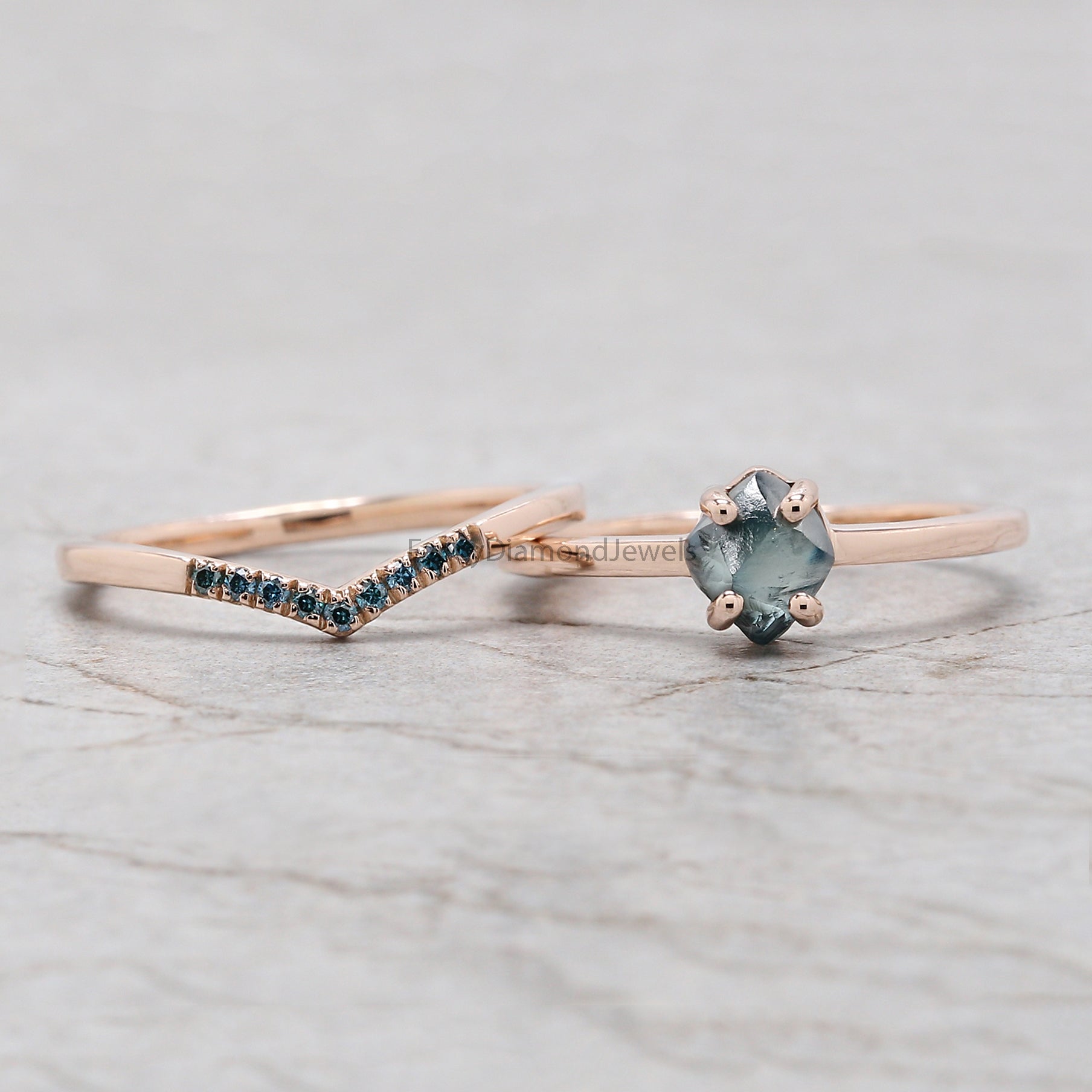 1.05 Ct Natural Rough Cut Blue Color Diamond Ring 6.30 MM Crystal Rough Diamond Ring 14K Solid Rose Gold Silver Engagement Ring QL2344