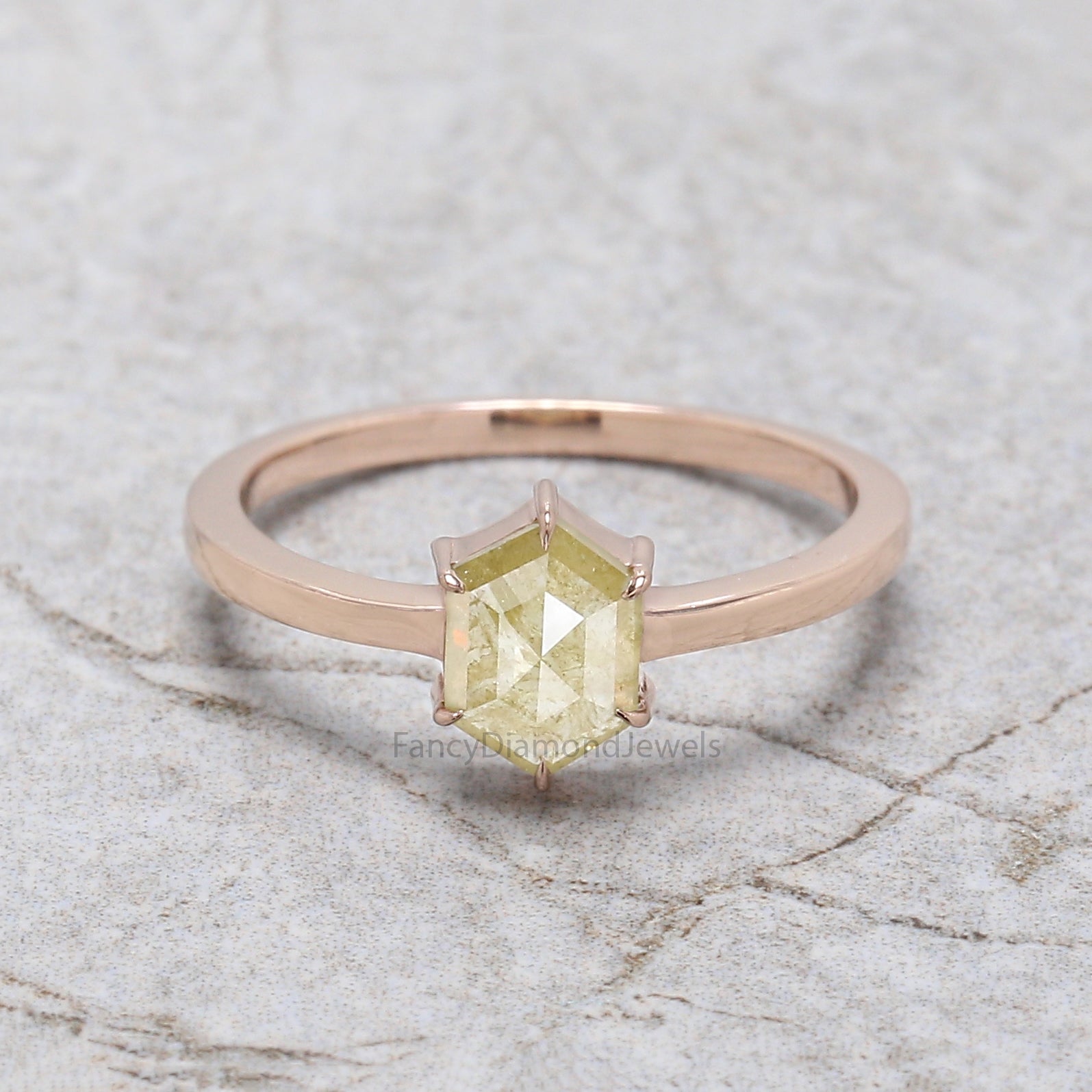 Hexagon Yellow Color Diamond Ring 0.69 Ct 7.20 MM Hexagon Shape Diamond Ring 14K Solid Rose Gold Silver Engagement Ring Gift For Her QN9882