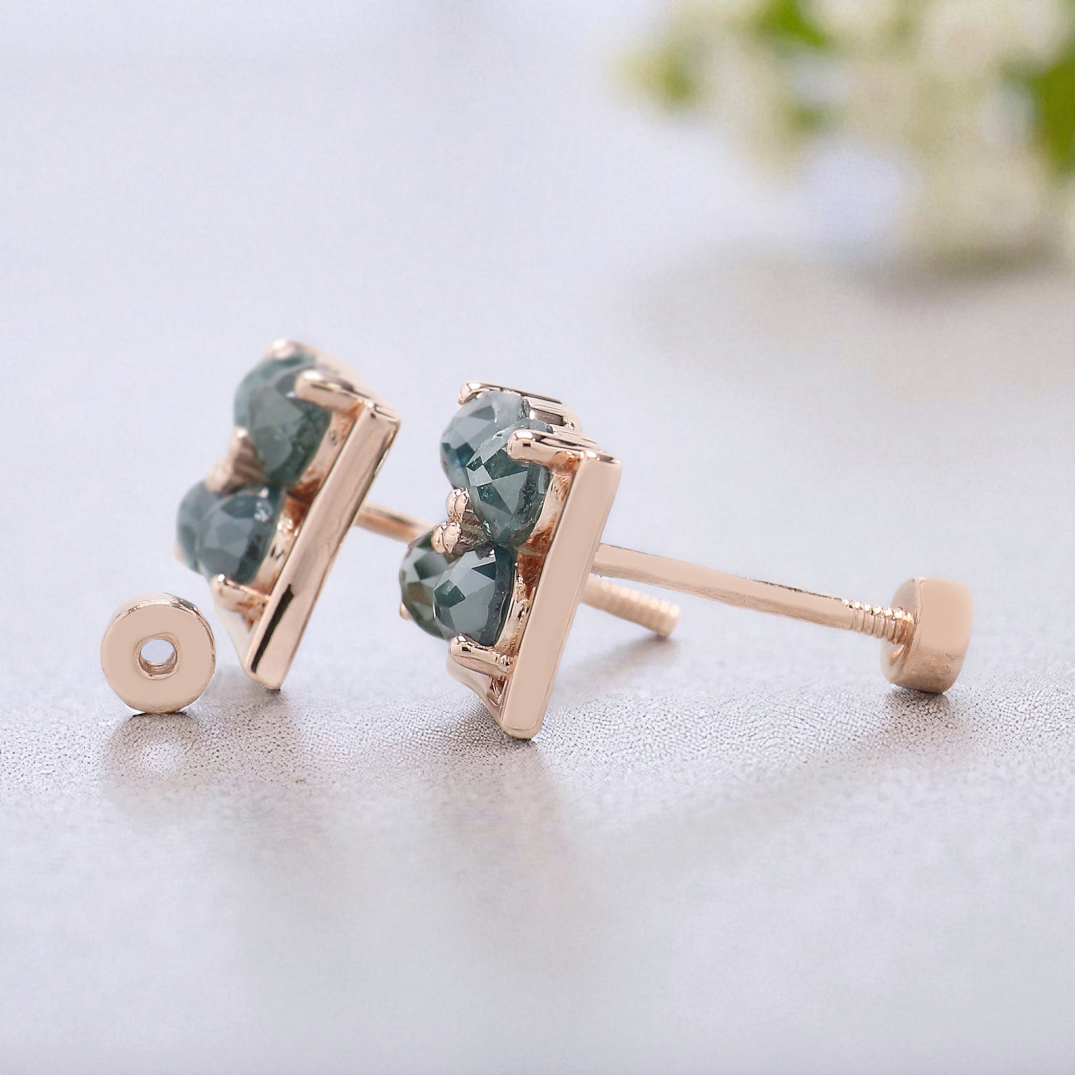 Round Rose Cut Blue Color Diamond Earring Round Rose Shape Earring Prong Earring Engagement Earring Earlobe Earrings Gift For Her KDN7006