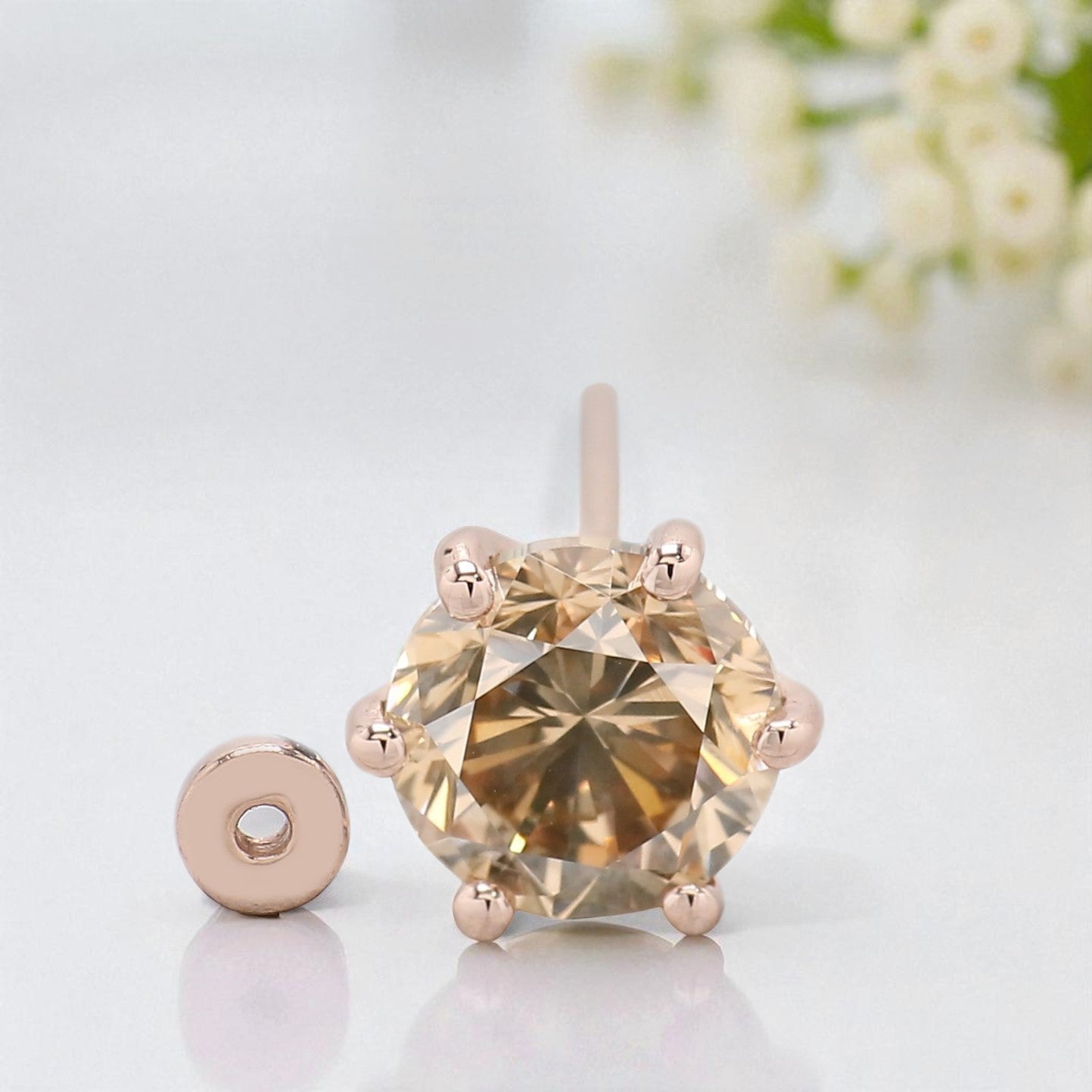 Natural Round Shape Brown Color Diamond Earring 0.86 Ct 5.80 MM Round Diamond Earring 14K Rose Gold Silver Engagement Round Earring KDL635