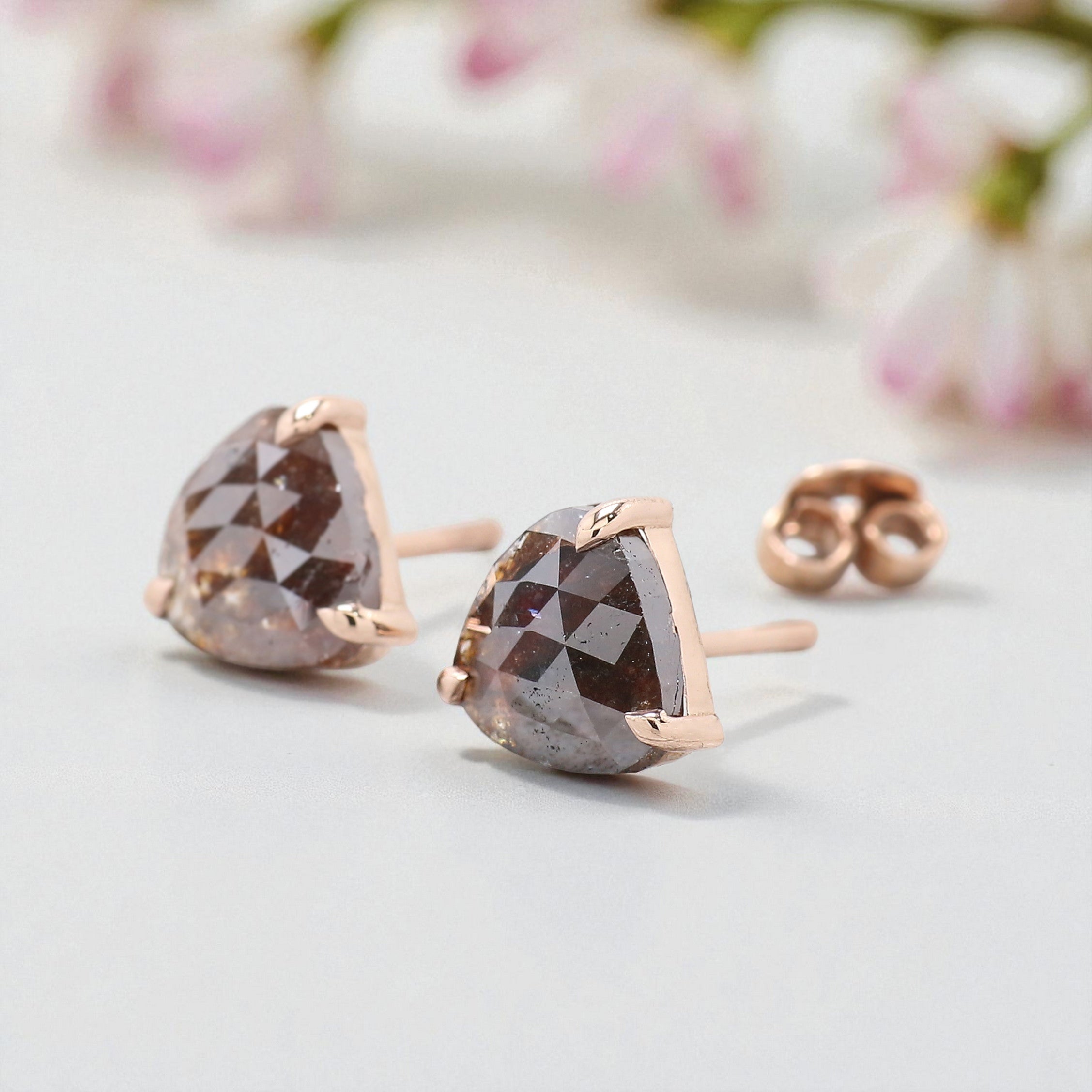Heart Brown Color Diamond Earring 2.58 Ct 7.80 MM Heart Diamond Earring 14K Solid Rose Gold Silver Rose Cut Earring Gift For Her KDL6880