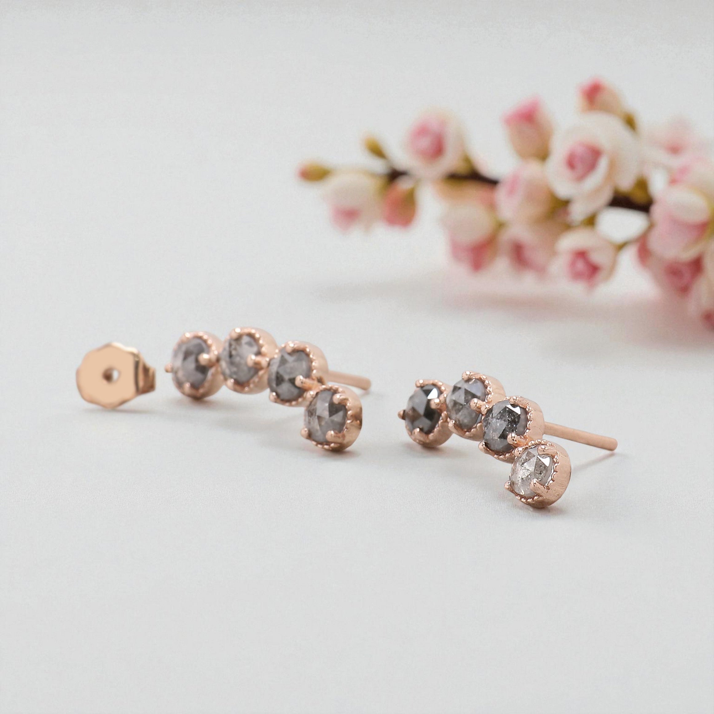 Round Rose Cut Salt And Pepper Diamond Earring 1.40 Ct 3.70 MM Round Diamond Earring 14K Solid Rose Gold Silver Earring Gift For Her KDL2391