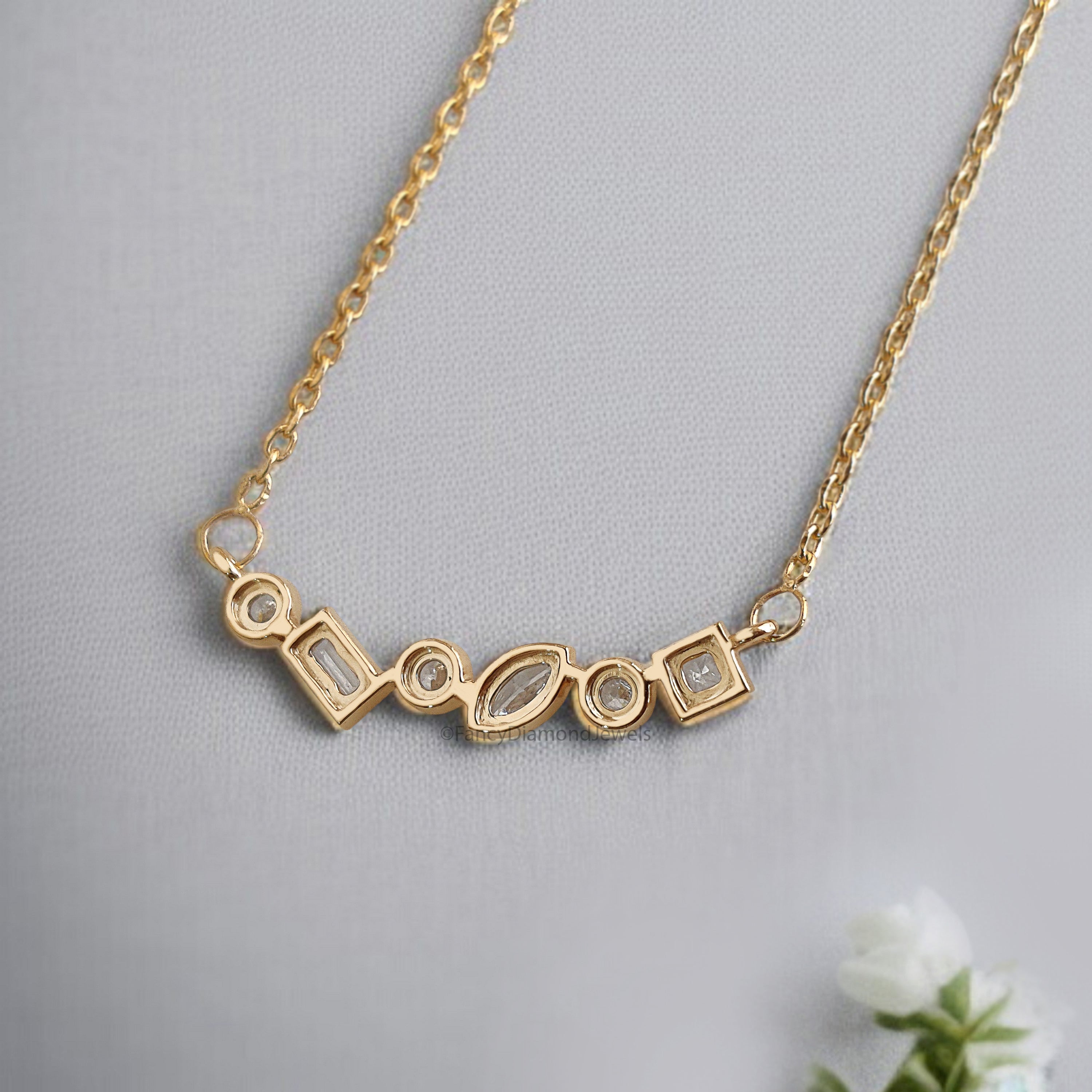Mix Shape Cut CZ Diamond Necklace Yellow Silver handmade jewelry Necklace Mix Shape prong basket set Necklace With Chain FD482