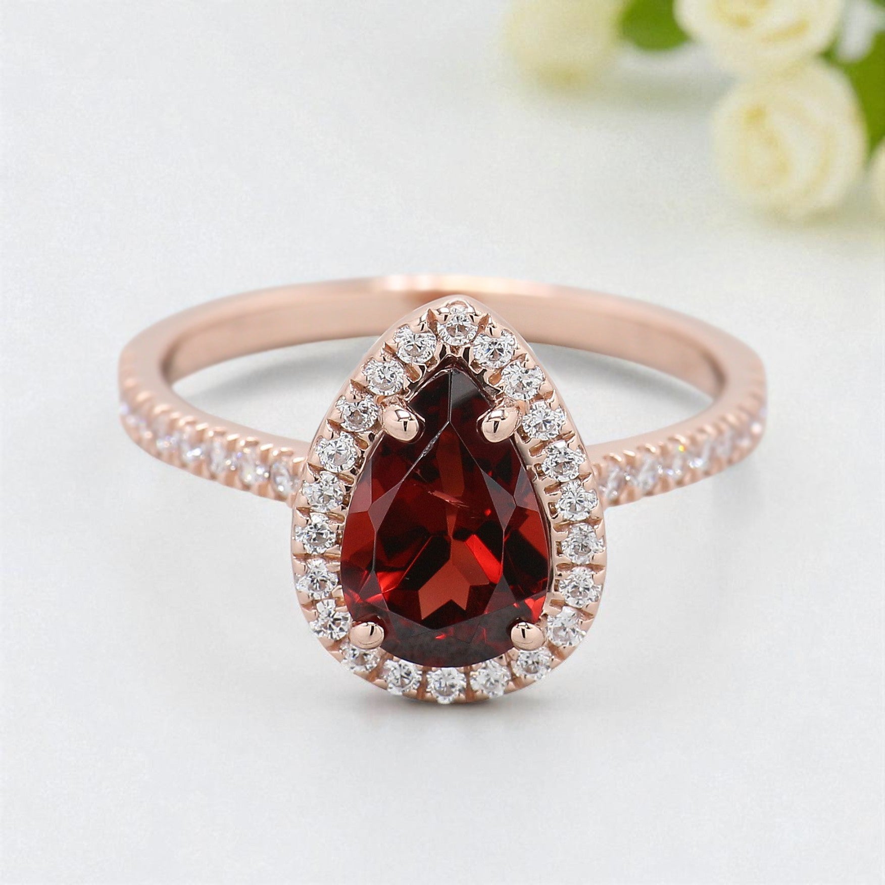 1.60 CT Pear Cut Red Garnet Engagement Ring Rose Gold Ring Pear Shape Diamond Wedding Ring Unique Art Deco Vintage Ring Gift For Her FD424