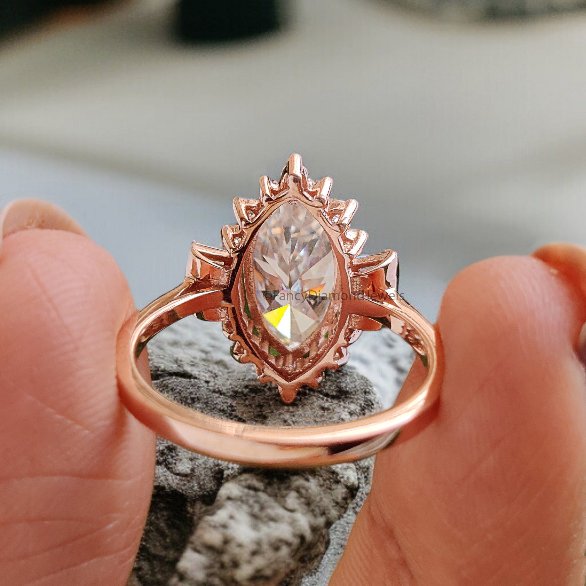 2.00 CT Marquise Cut Moissanite Engagement Ring with Side Baguette Moissanite Ring Bridal Ring Rose Gold Ring Wedding Promise Ring FD334
