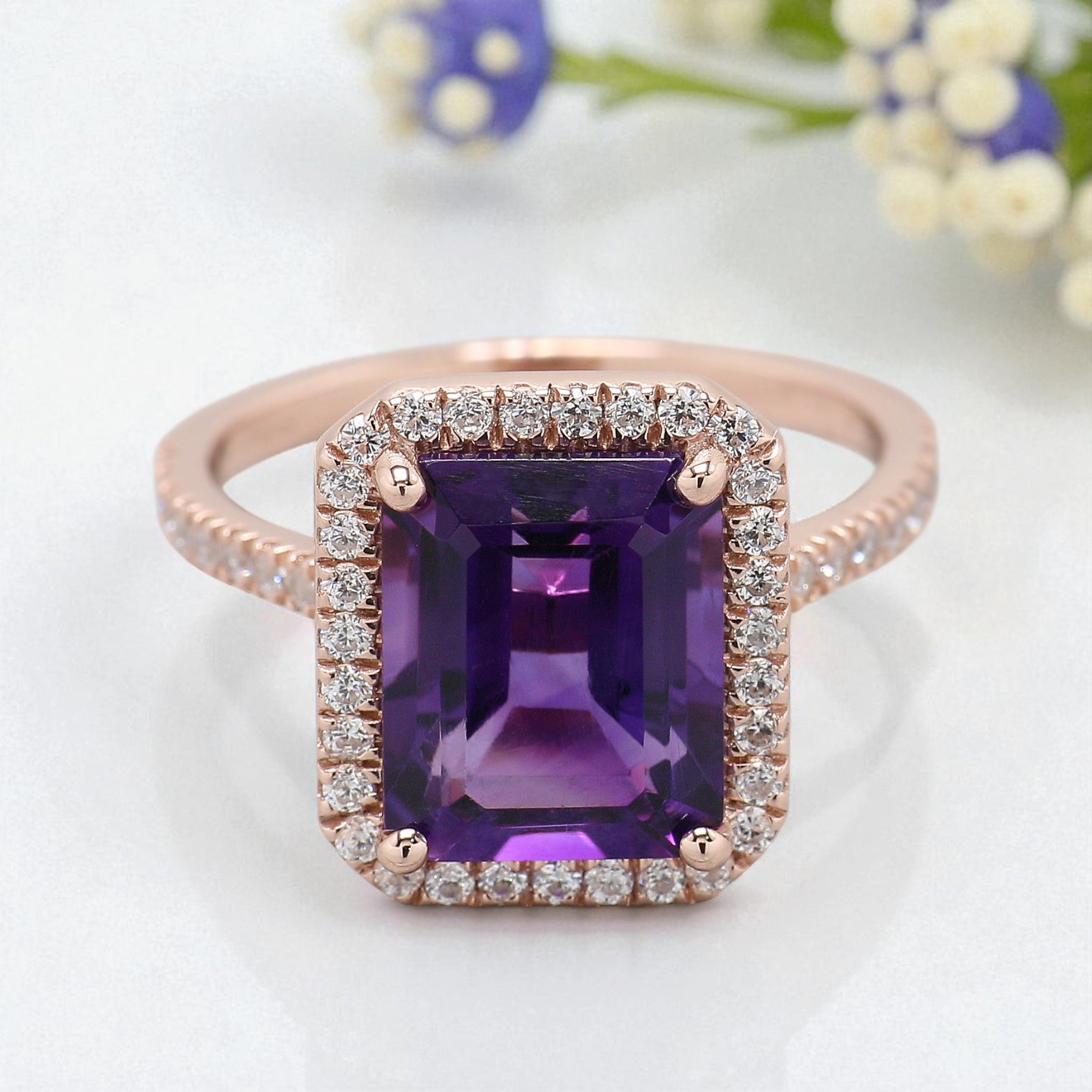 3.40 CT Emerald Cut Purple Amethyst Engagement Ring Rose Gold Ring Emerald Shape Diamond Wedding Ring Unique Vintage Ring Gift For Her FD423