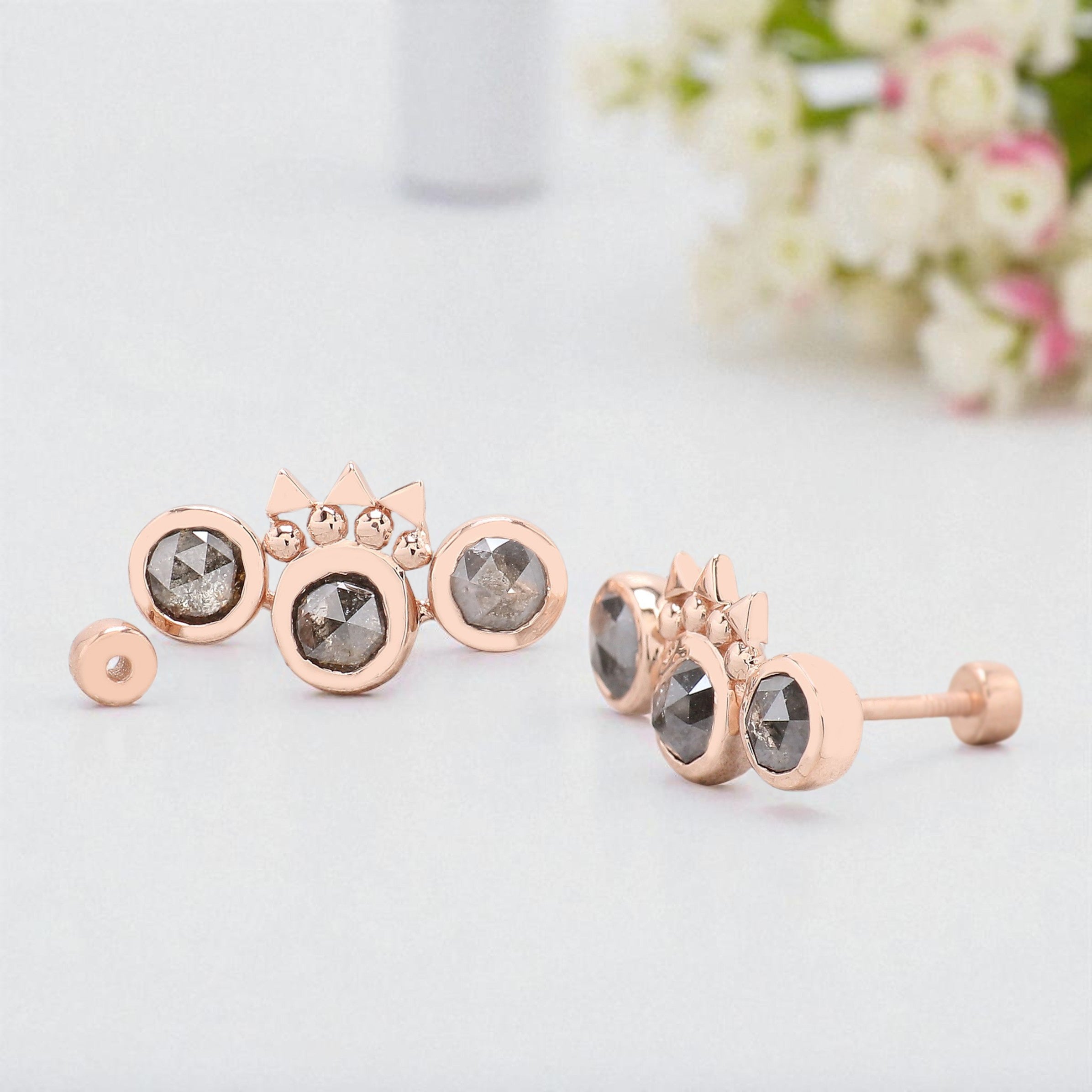 Round Salt And Pepper Diamond Earring Round Rose Shape Earring Bezel Earring Engagement Earring Earlobe Earrings Gift For Her KDN2059