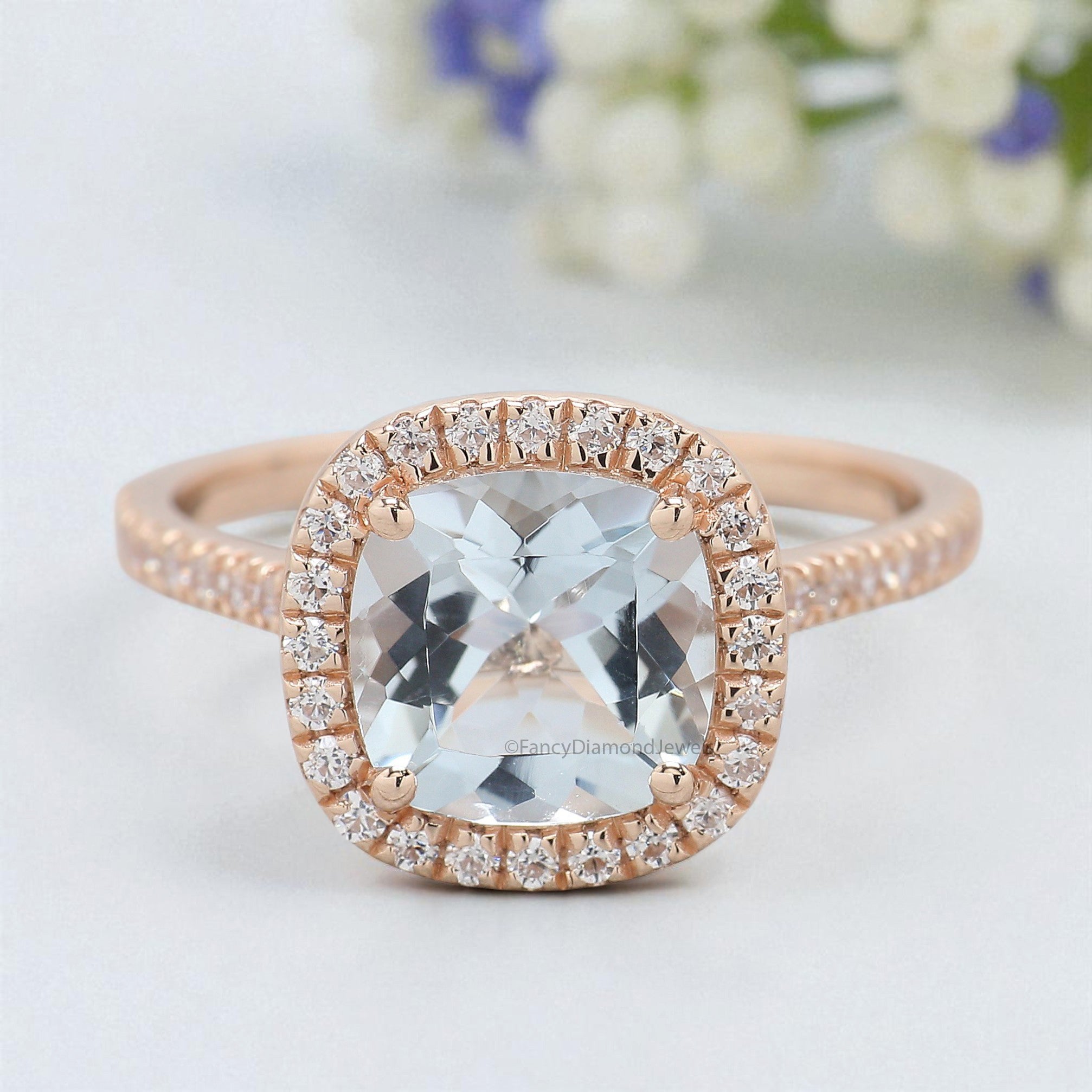 1.60 CT Cushion Natural Aquamarine Engagement Ring Rose Gold Ring Cushion Diamond Wedding Ring Unique Vintage Halo Ring Gift For Her FD431