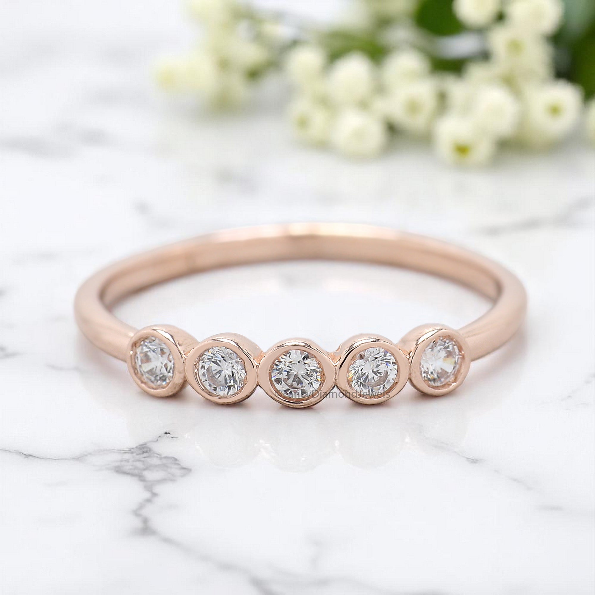 Bezel Set 5 Moissanite Diamond Wedding Band Silver/10K/14K/18K Gold Half Eternity Minimalist stacking dainty matching anniversary ring KD890