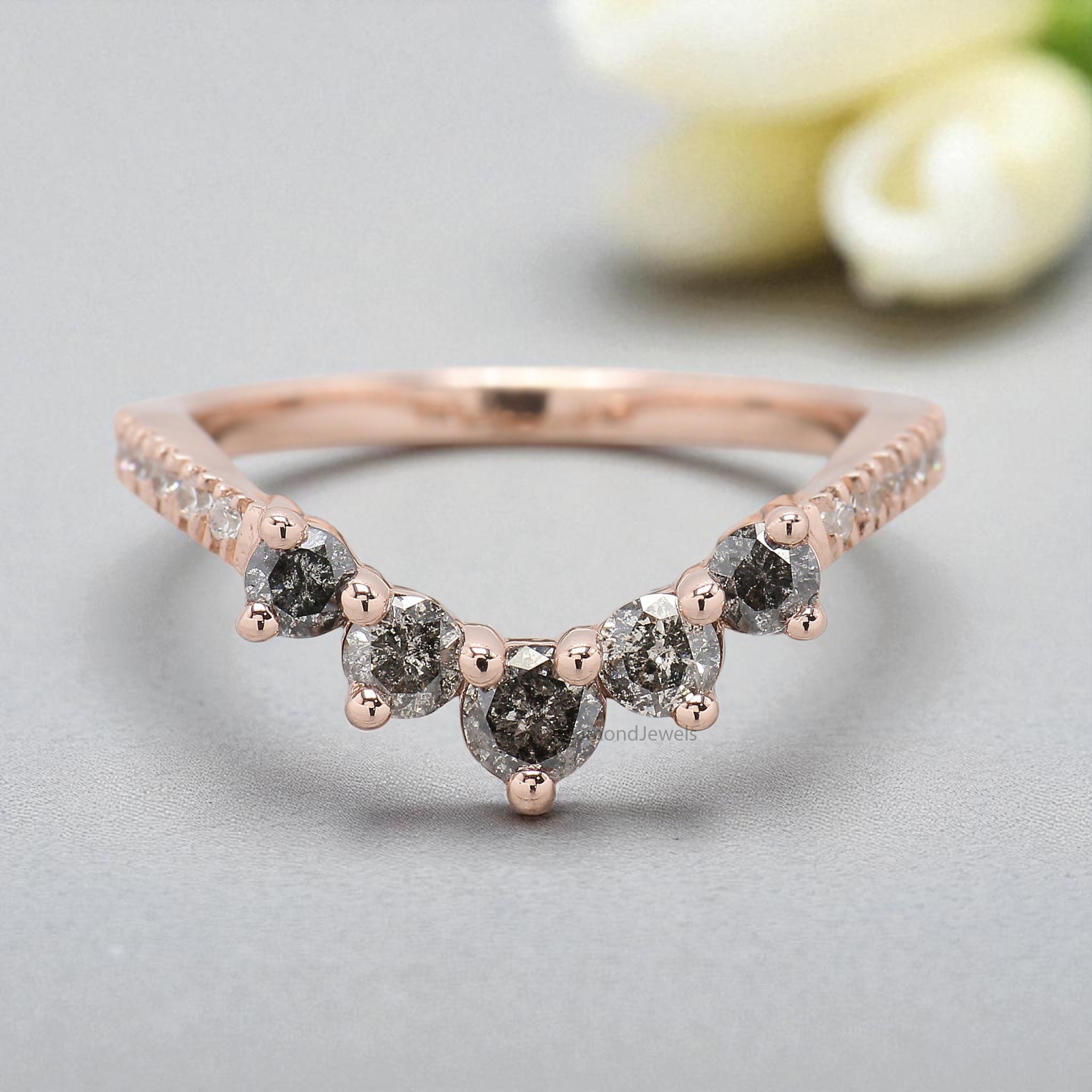 Curved wedding band 0.77 TW Round Salt And Pepper Diamond ring Chic Thin V Shaped band Silver/10K/14K/18K Band Half eternity band KD875