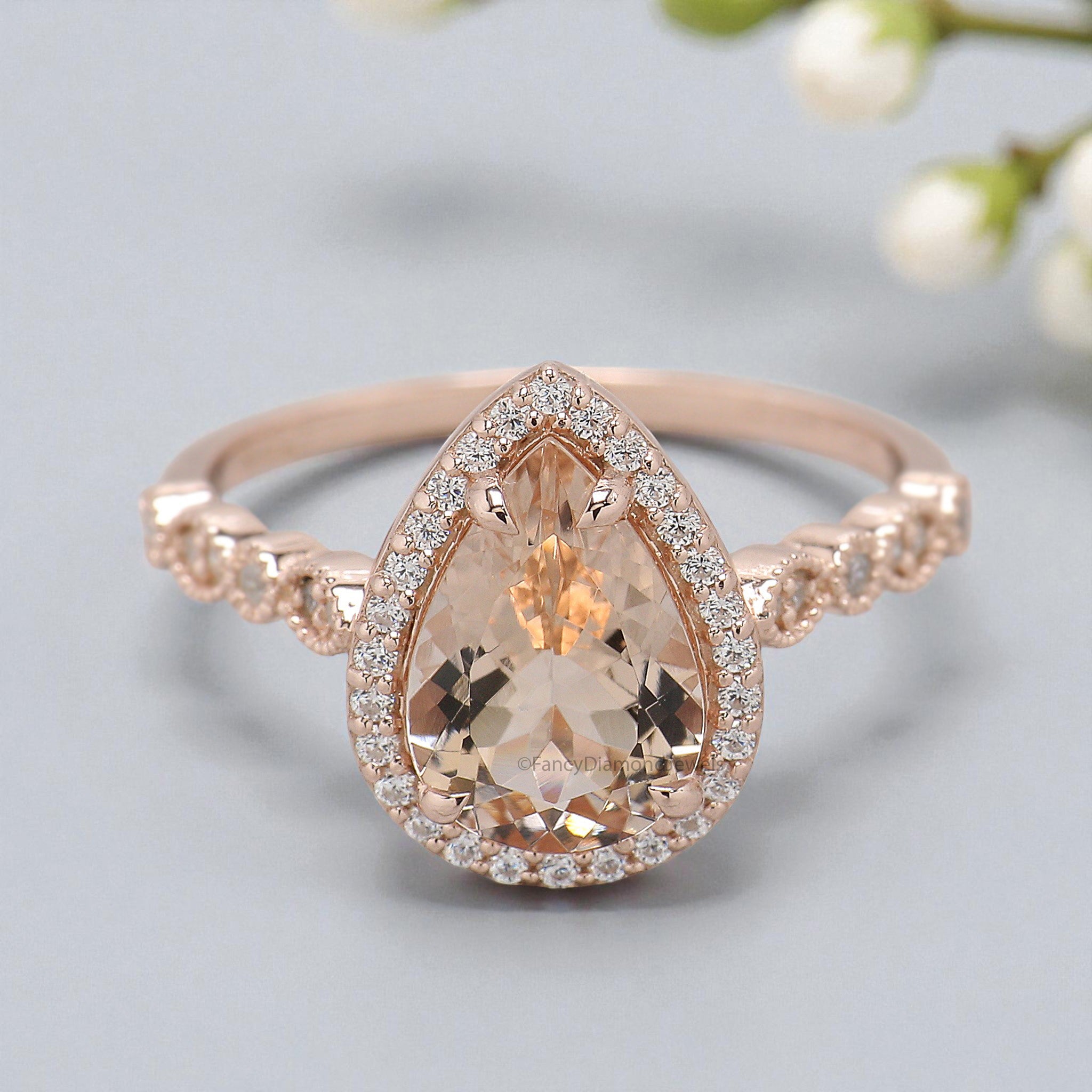 1.50 CT Pear Cut Natural Morganite Engagement Ring Rose Gold Ring Pear Shape Wedding Ring Unique Vintage Halo Ring Gift For Her FD450