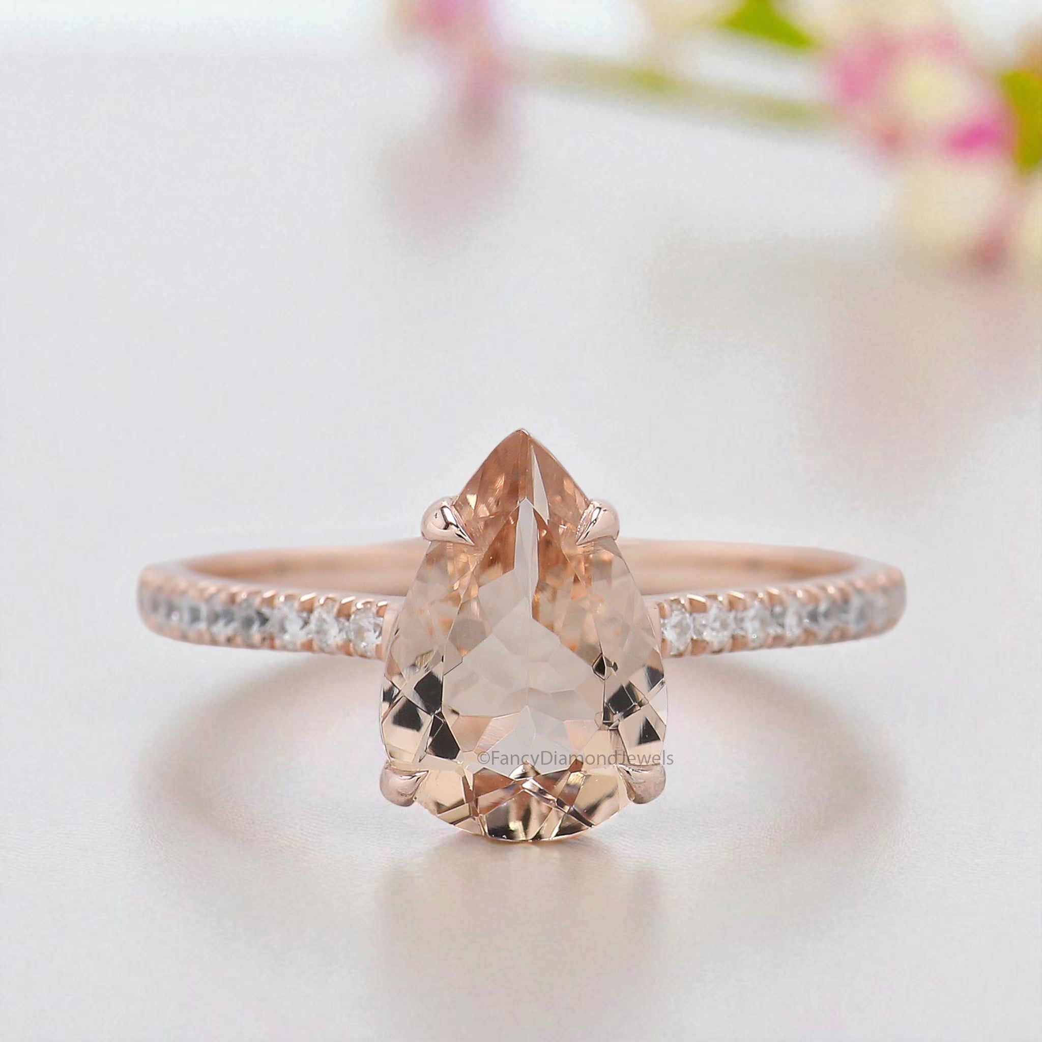 1.45 CT Pear Cut Natural Morganite Engagement Ring Set Rose Gold Ring Morganite Curved Wedding Ring Unique Vintage Ring Gift For Her FD447
