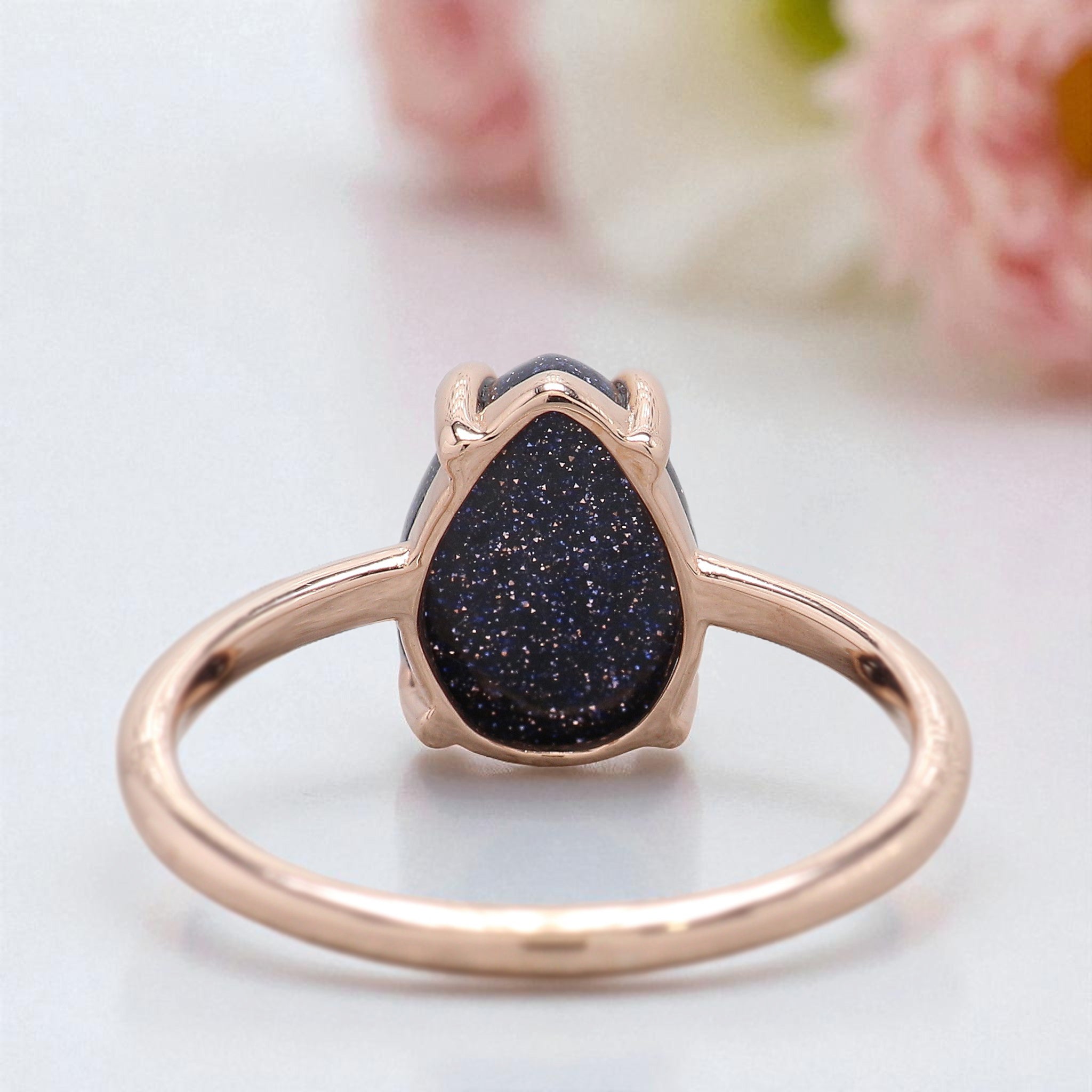 2.00 CT Unique Pear Cut Blue Sand Stone Cabochon Engagement Ring Rose Gold Ring Beautiful Blue Pear Sun Star Wedding Ring FD437