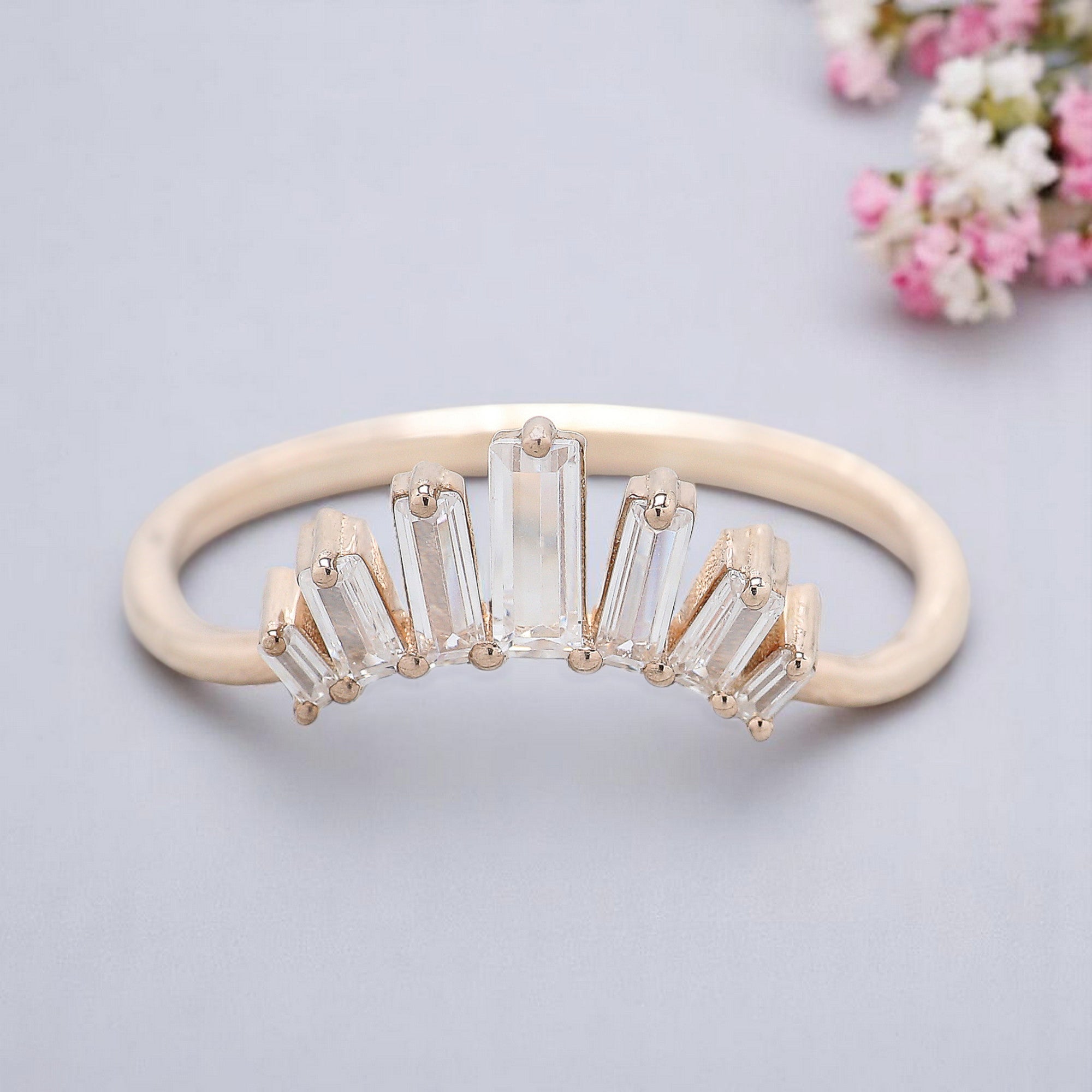 Baguette Colorless Moissanite Diamond Curved Wedding Band 14k Solid Rose/ Yellow/ White Gold 0.75 CT Diamond Band Half Eternity Band KD828
