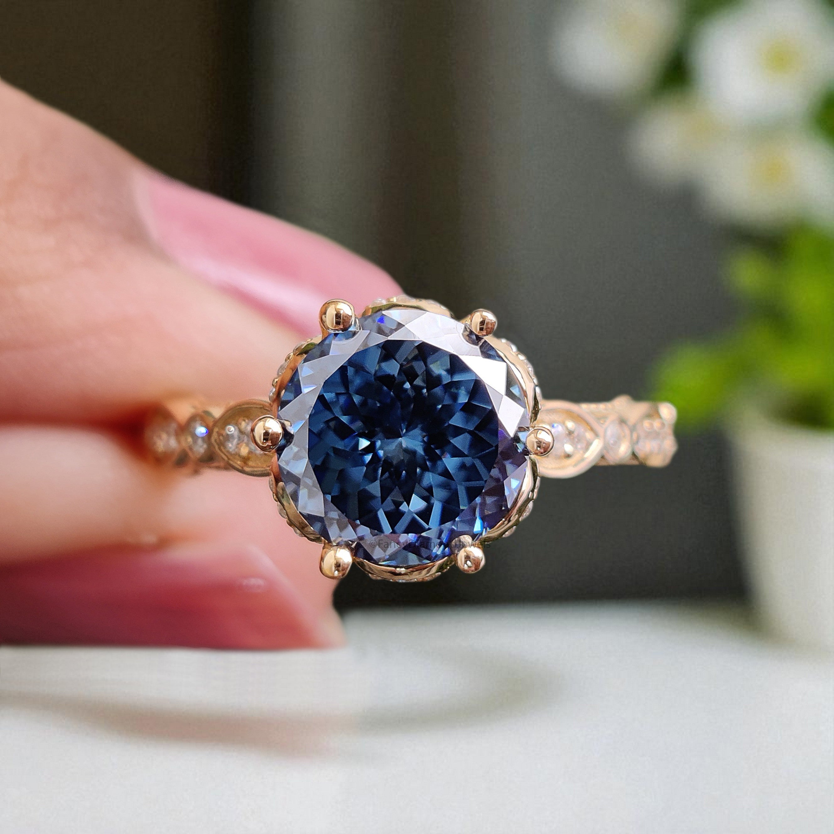 Antique Round Portuguese Cut Royal Blue Moissanite Engagement Ring 6 Prong Hidden Halo Ring With Full Eternity Scalloped Wedding Band FD407