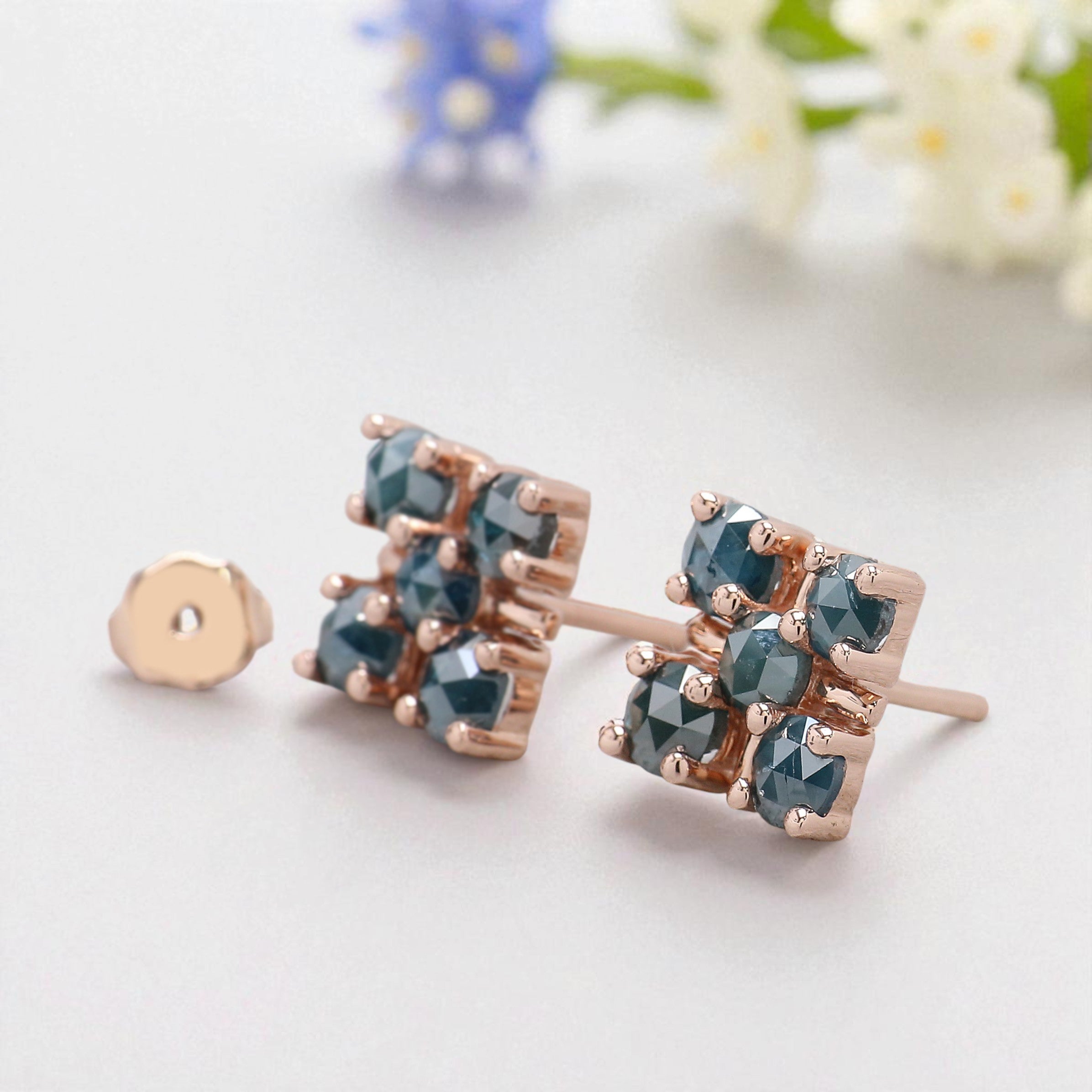 Round Rose Cut Blue Color Diamond Earring 2.03 Ct 3.90 MM Round Diamond Earring 14K Rose Gold Silver Engagement Earring Gift For Her QL2414