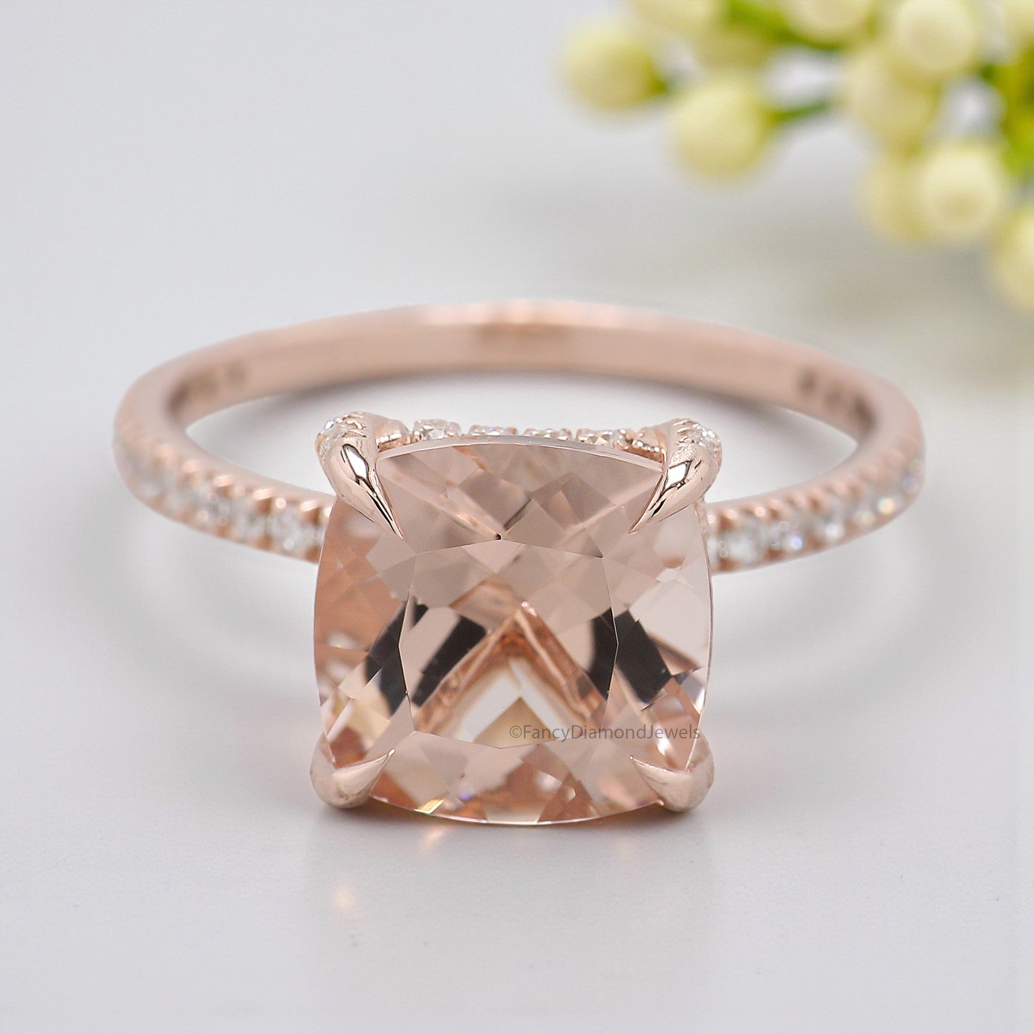 2.85 CT Cushion Cut Natural Morganite Engagement Ring Rose Gold Ring Cushion Wedding Ring Unique Hidden Halo Ring Gift For Her FD446