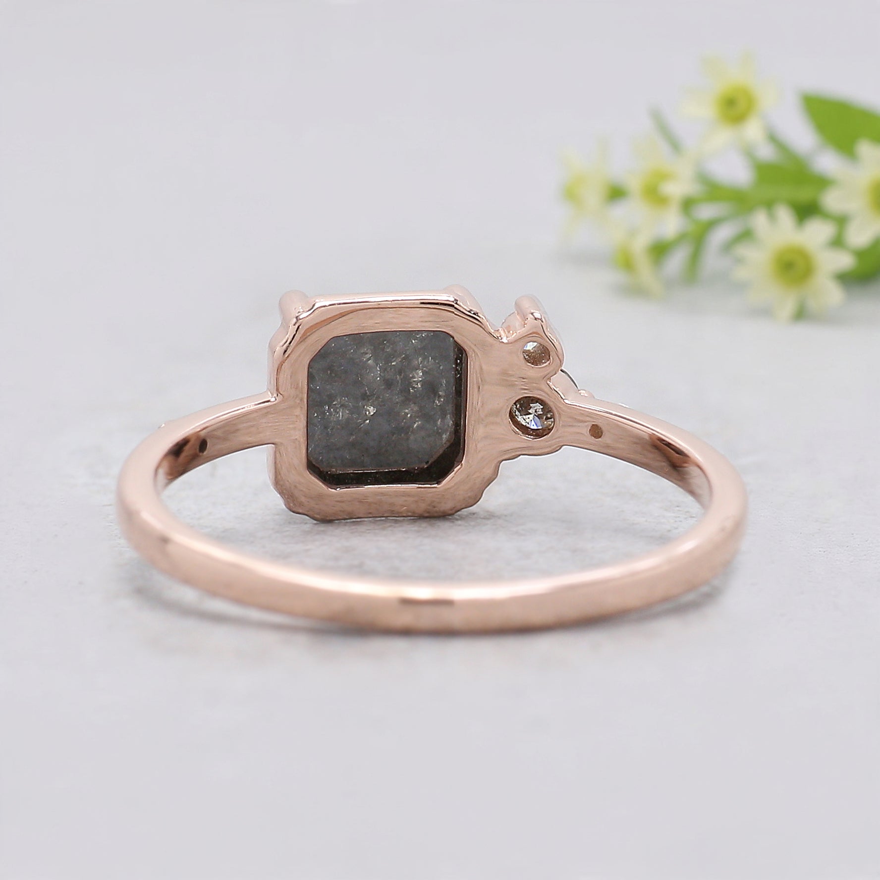 Emerald Shape Salt and Pepper Diamond Ring, Rose Gold Engagement Ring, Unique Bridal Ring, Minimalist Promise Ring Gift for Her KDK1942