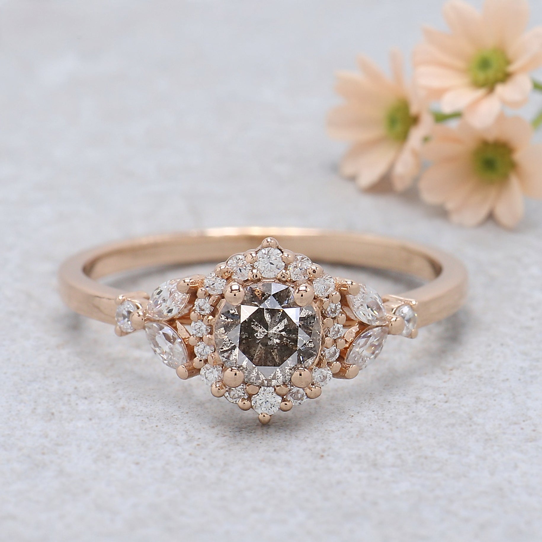 0.45 Ct Natural Round Shape Salt And Pepper Diamond Ring 4.80 MM Round Cut Diamond Ring 14K Solid Rose Gold Silver Engagement Ring KDN810