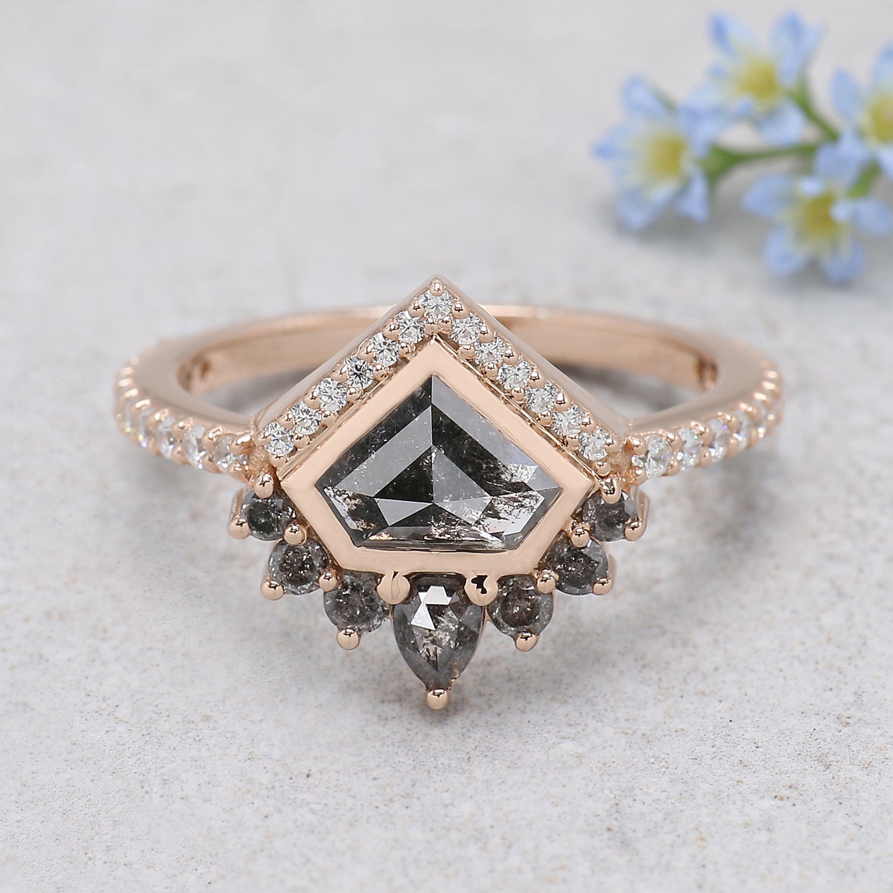 0.90 Ct Natural Shield Shape Salt And Pepper Diamond Ring 5.55 MM Shield Cut Diamond Ring 14K Solid Rose Gold Silver Engagement Ring KDN767