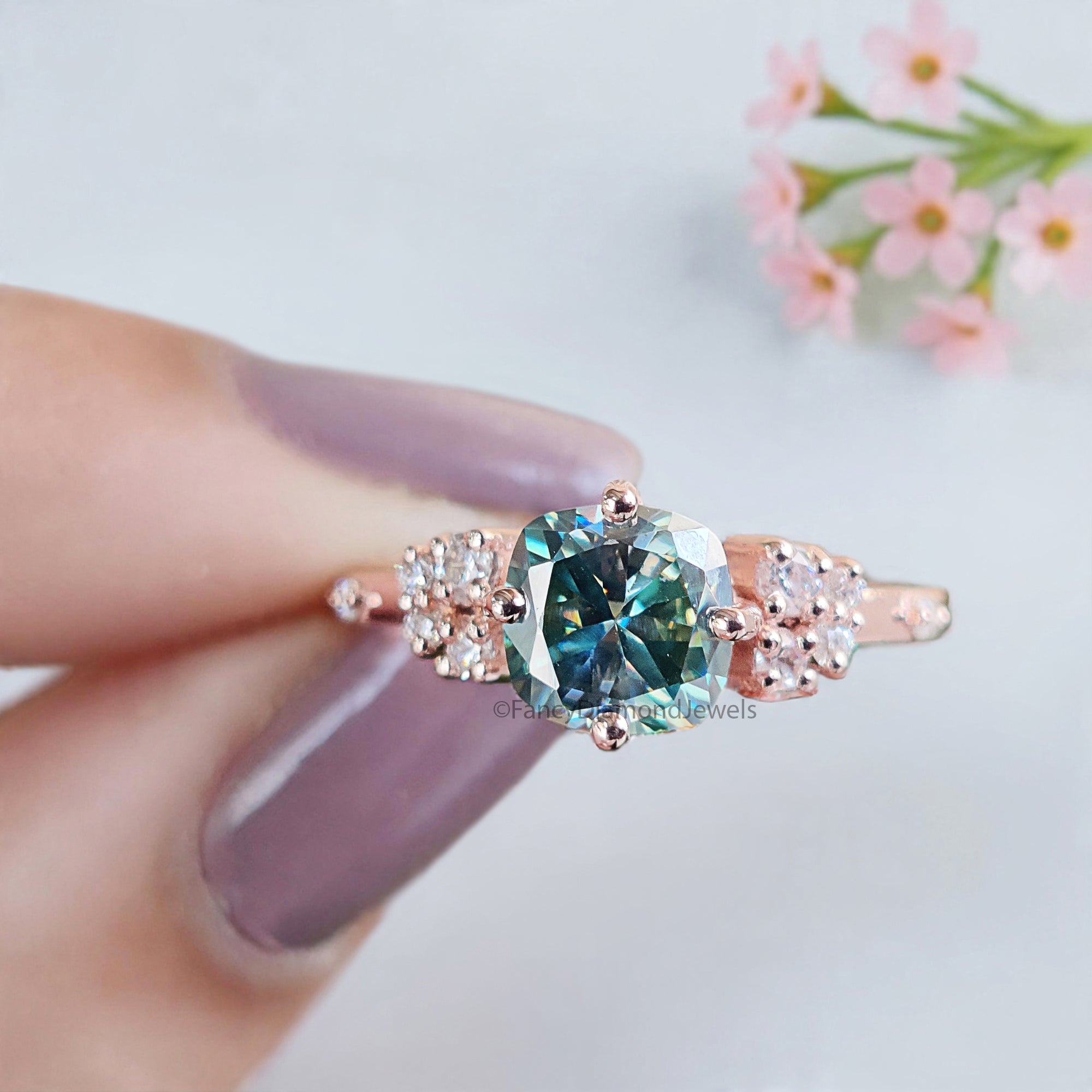 Muse Engagement Ring for Women 1.25 TW Cushion Fancy Cut Cyan Blue Moissanite Ring Hidden Halo Ring Wedding Ring for Her Comfort Fit FD08