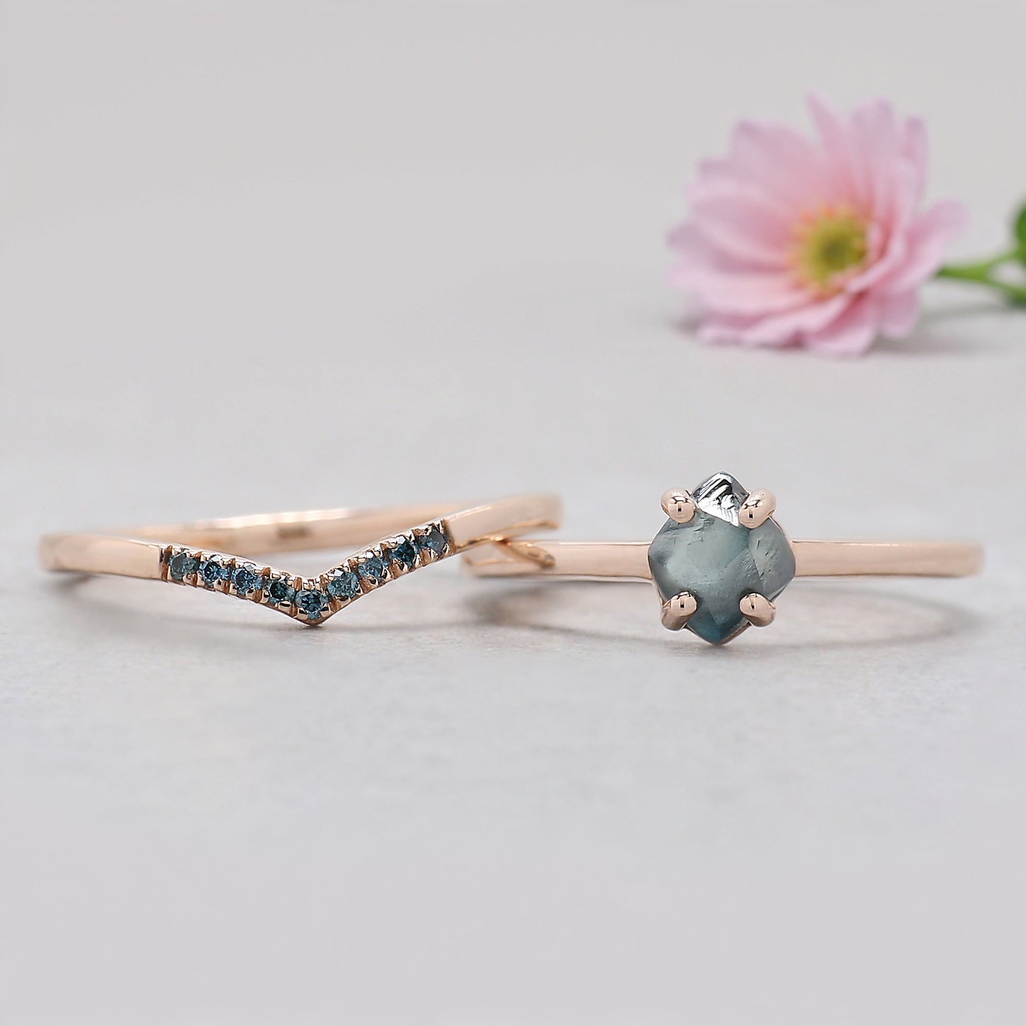 1.05 Ct Natural Rough Cut Blue Color Diamond Ring 6.30 MM Crystal Rough Diamond Ring 14K Solid Rose Gold Silver Engagement Ring QL2344