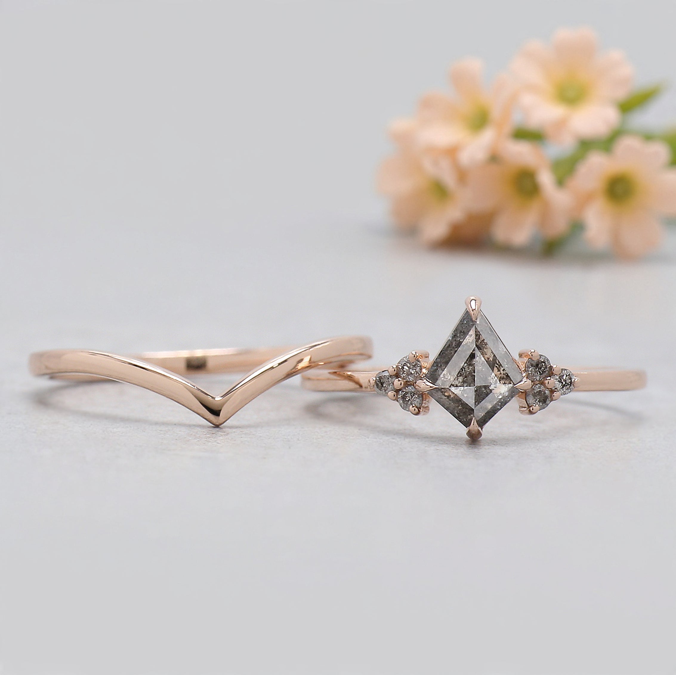 Kite Cut Salt And Pepper Diamond Ring 0.60 Ct 7.20 MM Kite Diamond Ring 14K Solid Rose Gold Silver Engagement Ring Set Gift For Her KDN2095