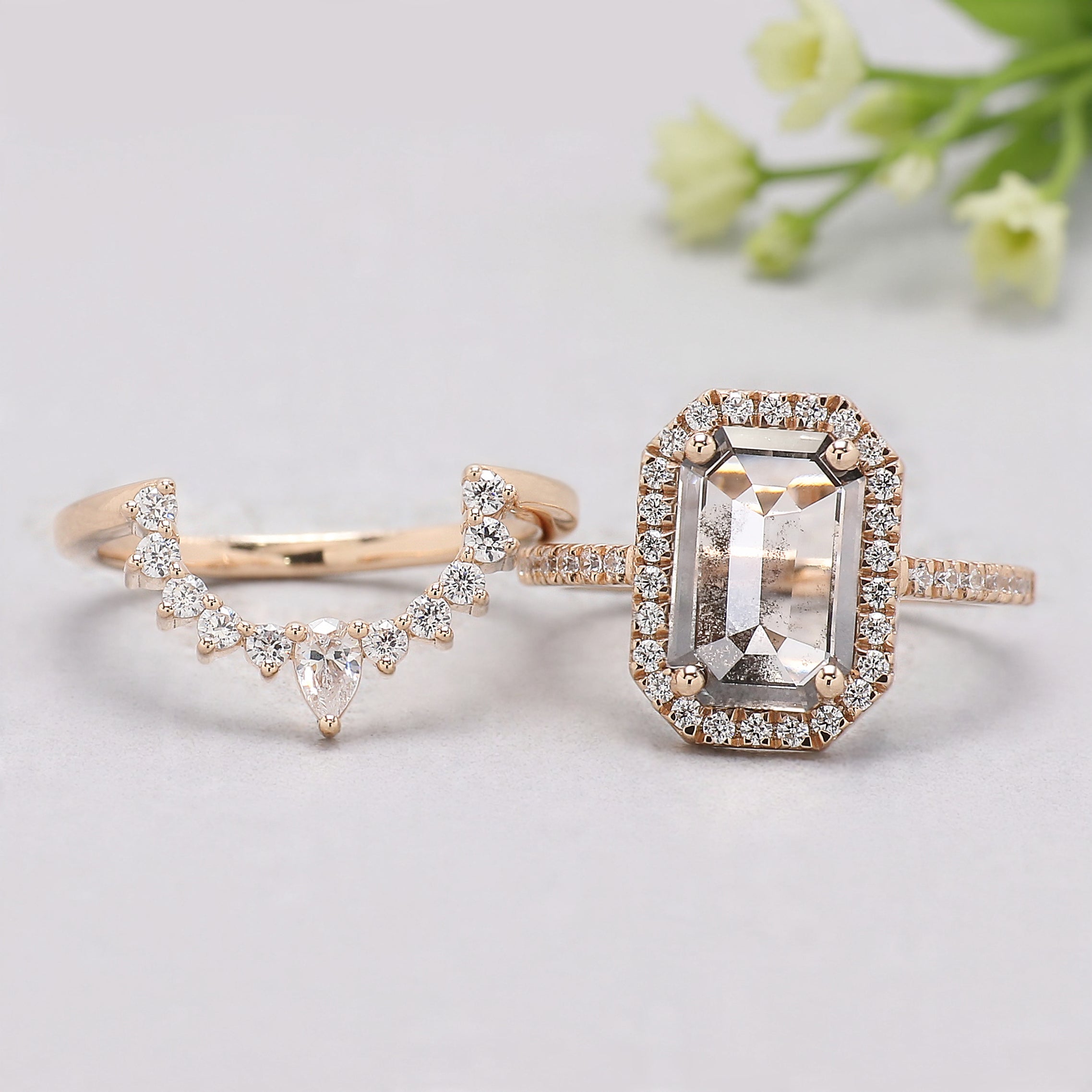 1.70 CT Emerald Lab Grown Diamond Ring Emerald Fancy Black Grey Salt And Pepper Diamond Ring Engagement Ring Bridal Wedding Ring Set KDL3522