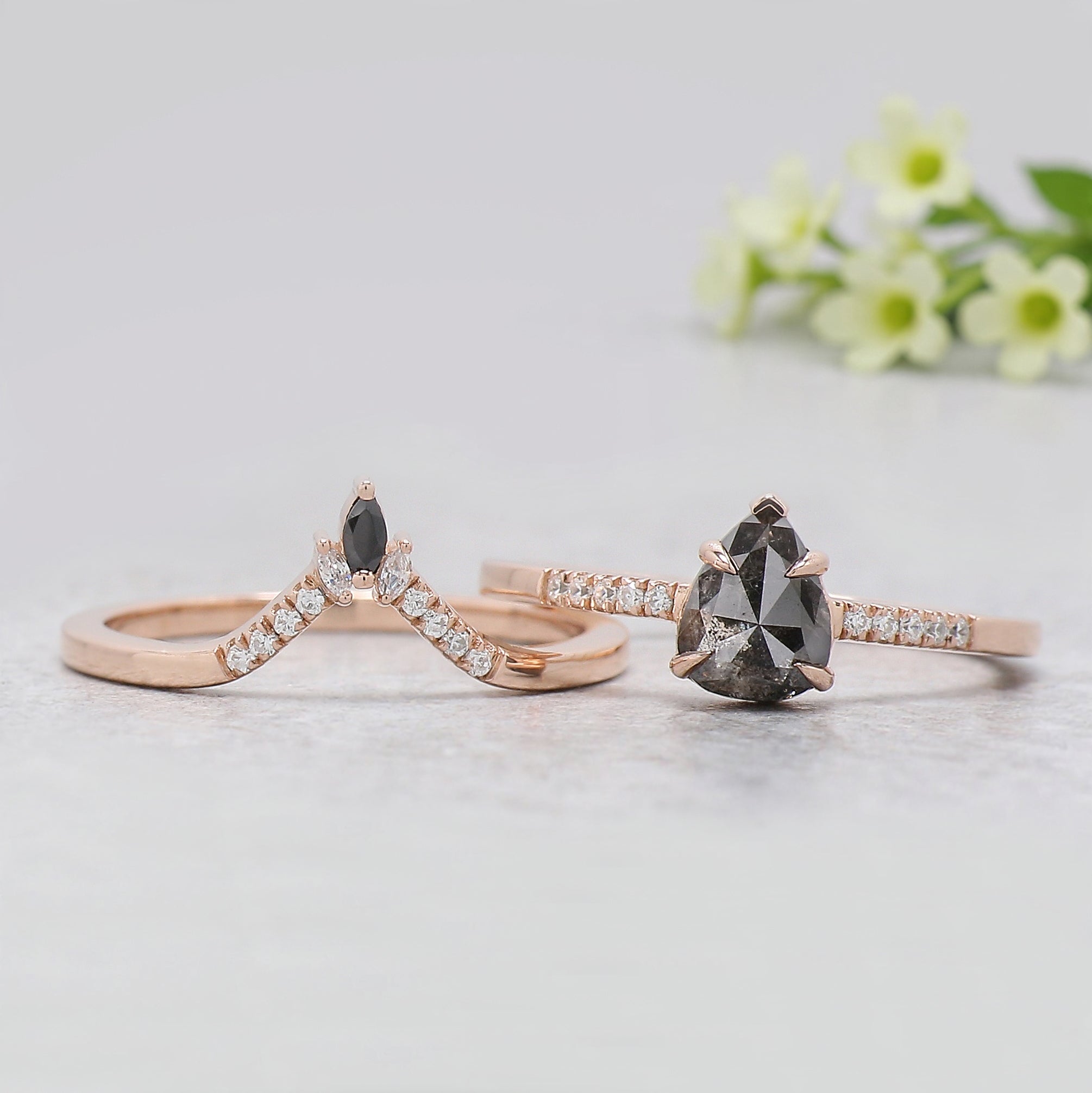 Pear Cut Salt and Pepper Diamond Ring, 14K Rose Gold Pear Engagement Ring, Bridal Set, Unique Pear Shaped Diamond Ring Gift for Her KDN2098