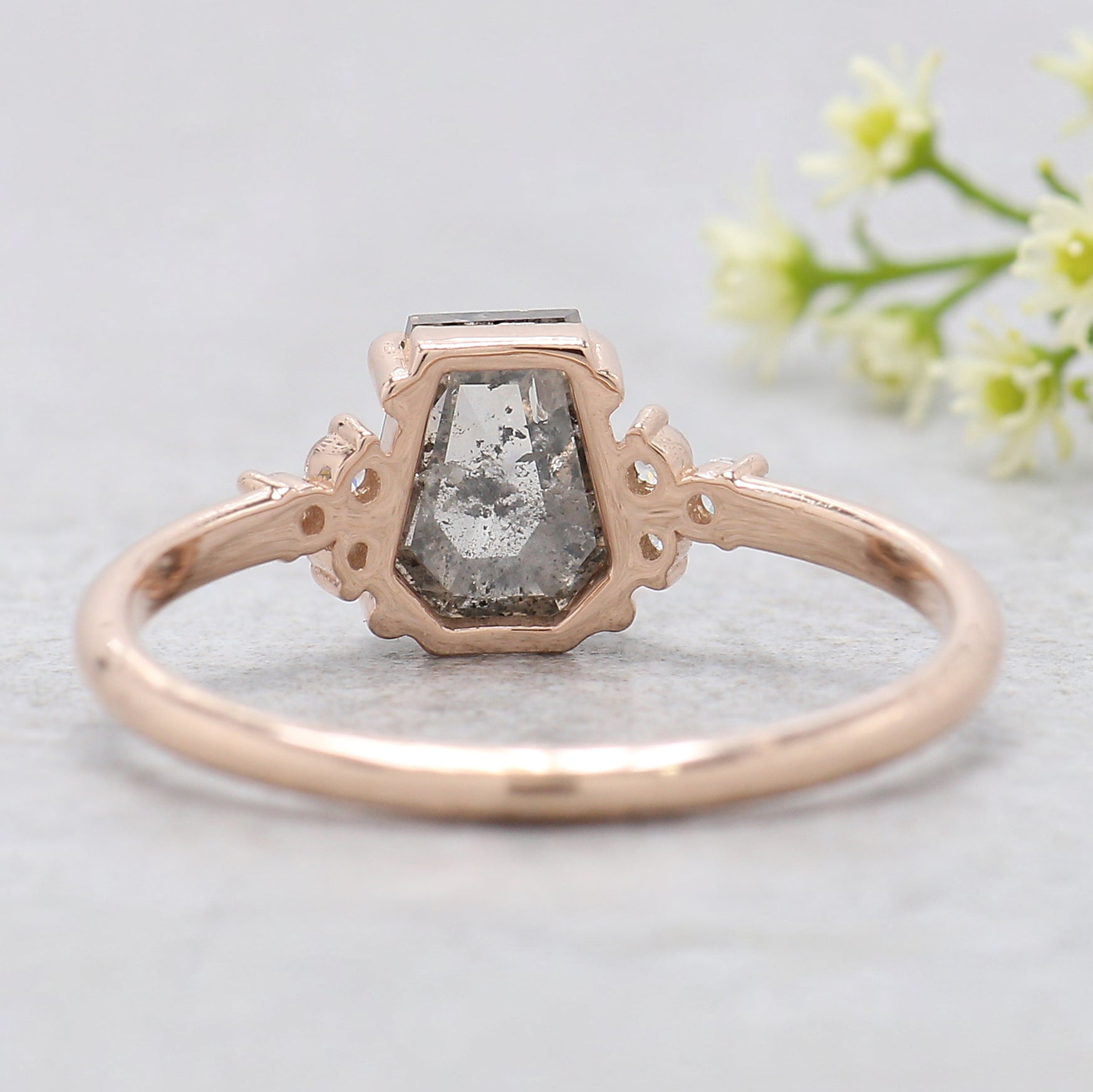 Coffin Cut Salt And Pepper Diamond Ring 1.11 Ct 6.80 MM Coffin Diamond Ring 14K Solid Rose Gold Silver Engagement Ring Gift For Her KDK2178