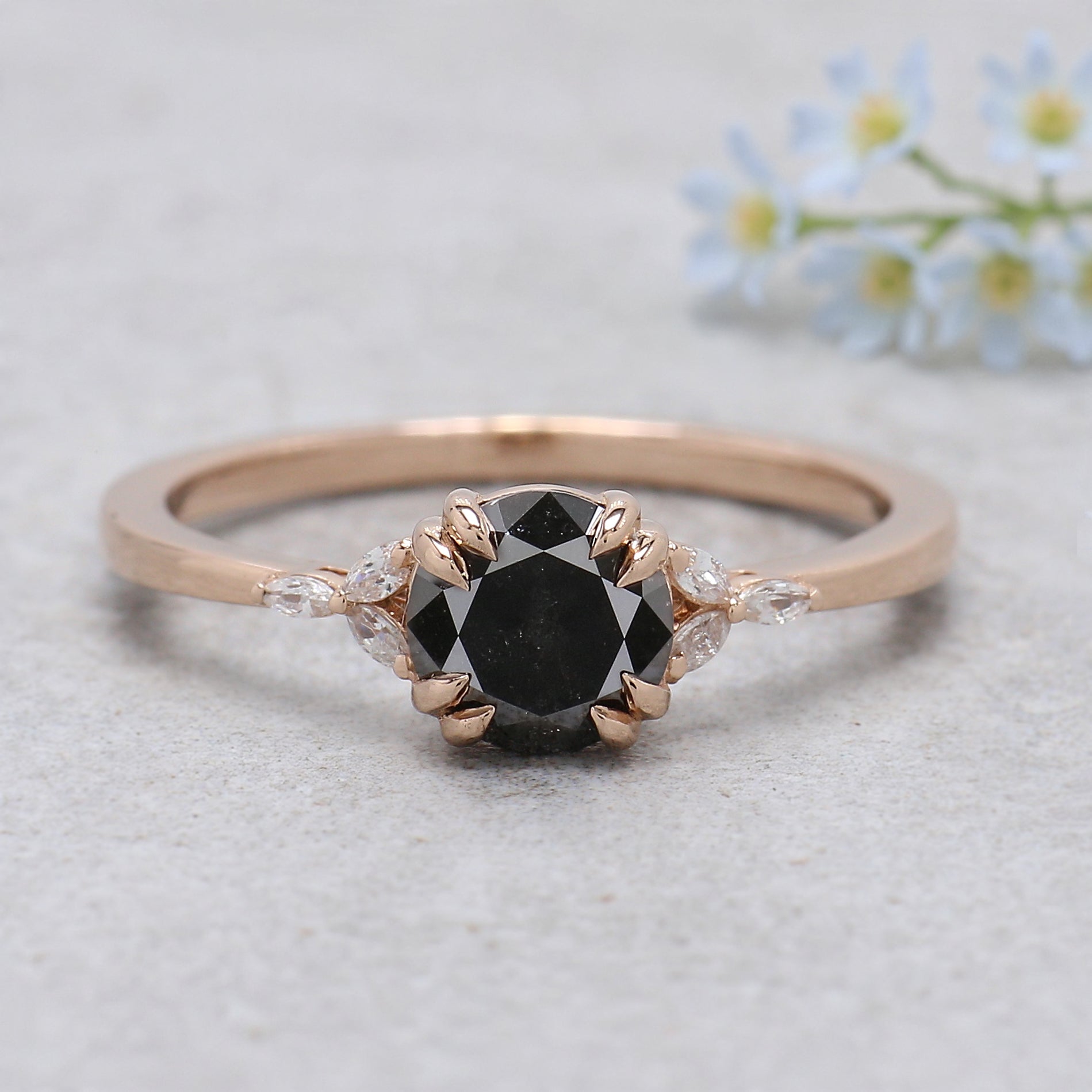0.90 Ct Natural Round Shape Black Color Diamond Ring 6.05 MM Round Cut Diamond Ring 14K Solid Rose Gold Silver Round Engagement Ring KDL507