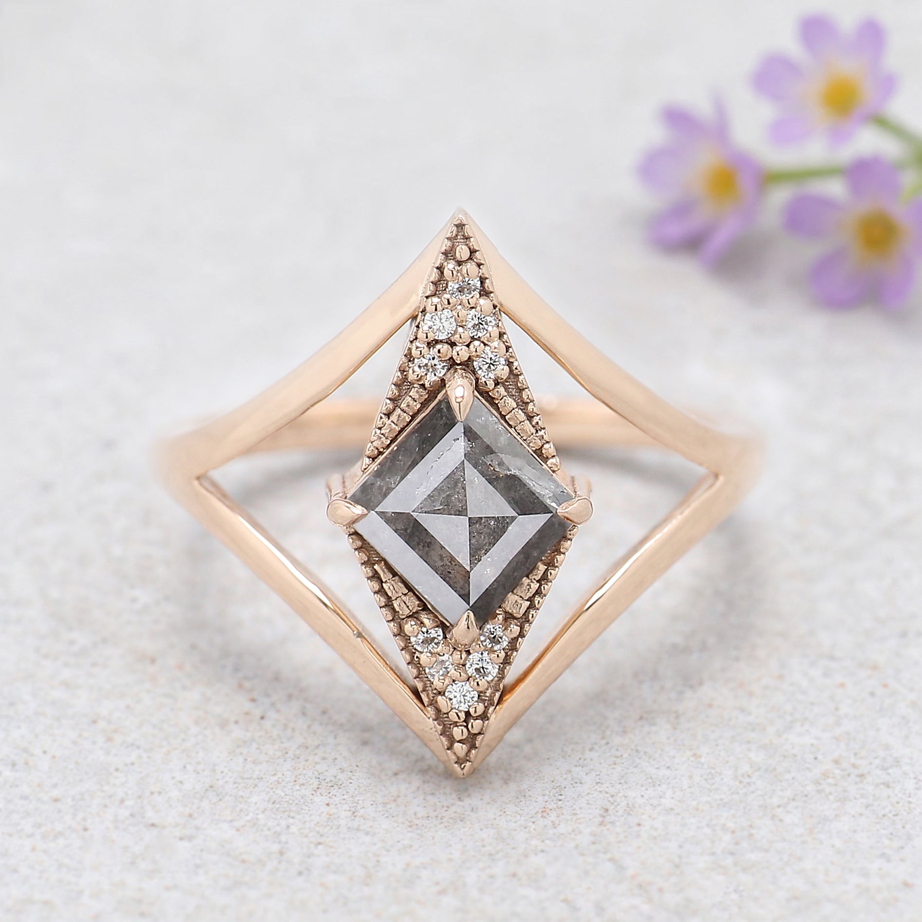 Kite Cut Salt And Pepper Diamond Ring 0.97 Ct 8.09 MM Kite Diamond Ring 14K Solid Rose Gold Silver Kite Engagement Ring Gift For Her QL2199