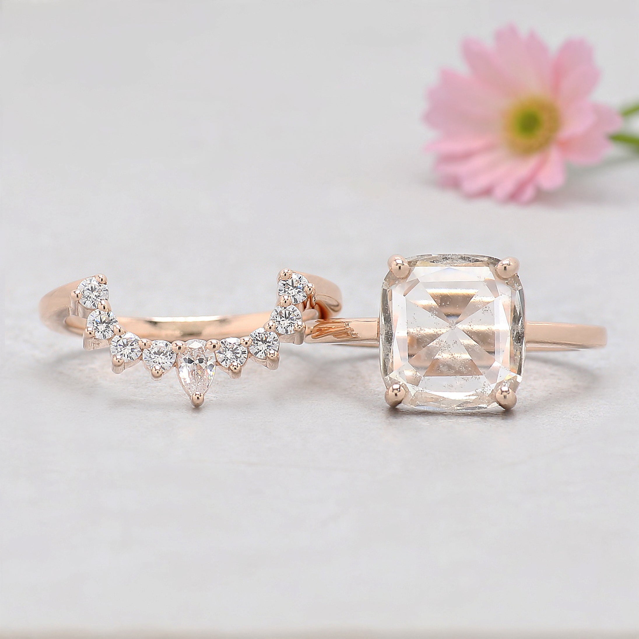 1.93 CT Cushion Lab Grown Diamond Ring Cushion Fancy Black Grey Salt And Pepper Diamond Ring Engagement Ring Bridal Wedding Ring Set KDL3517