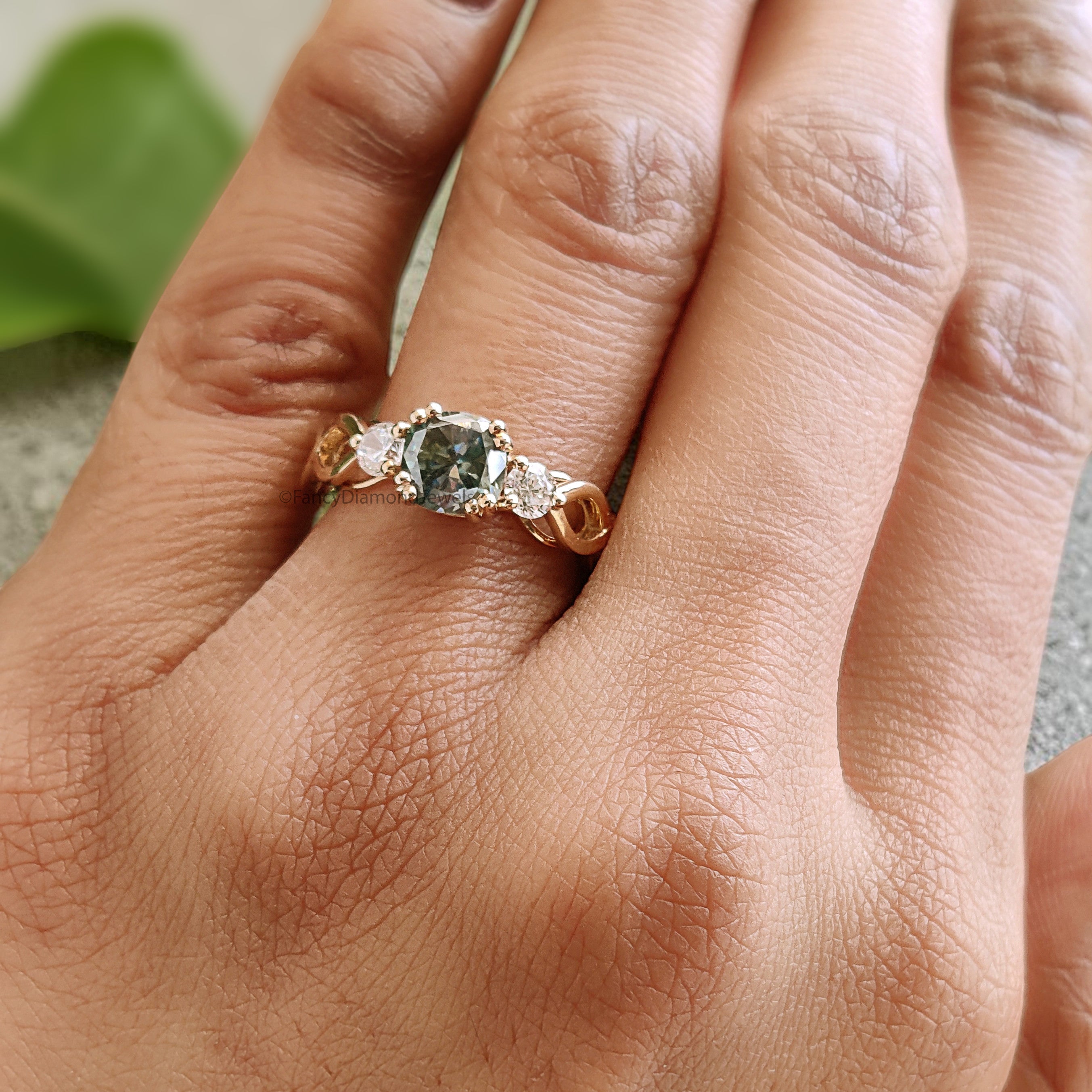 Cushion Cut Green Moissanite Engagement Ring 14K Solid Gold Ring Double Prong Set Ring Cushion Moissanite Wedding Ring Gift For Her FD467