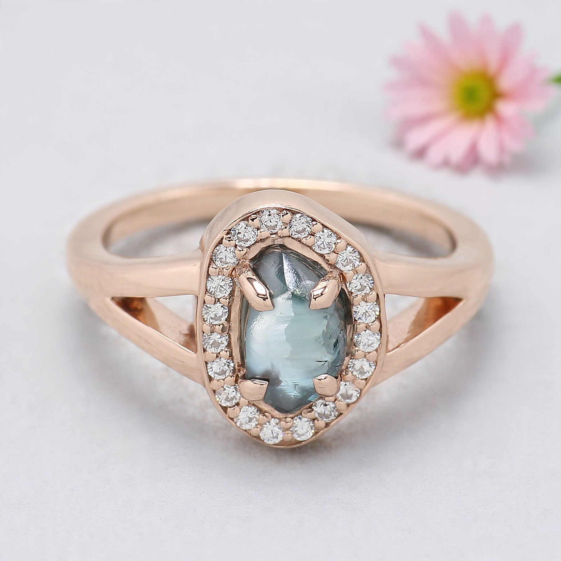 Rough Blue Color Diamond Ring 1.40 Ct 8.04 MM Crystal Rough Diamond Ring 14K Solid Rose Gold Silver Engagement Ring Gift For Her QL2295