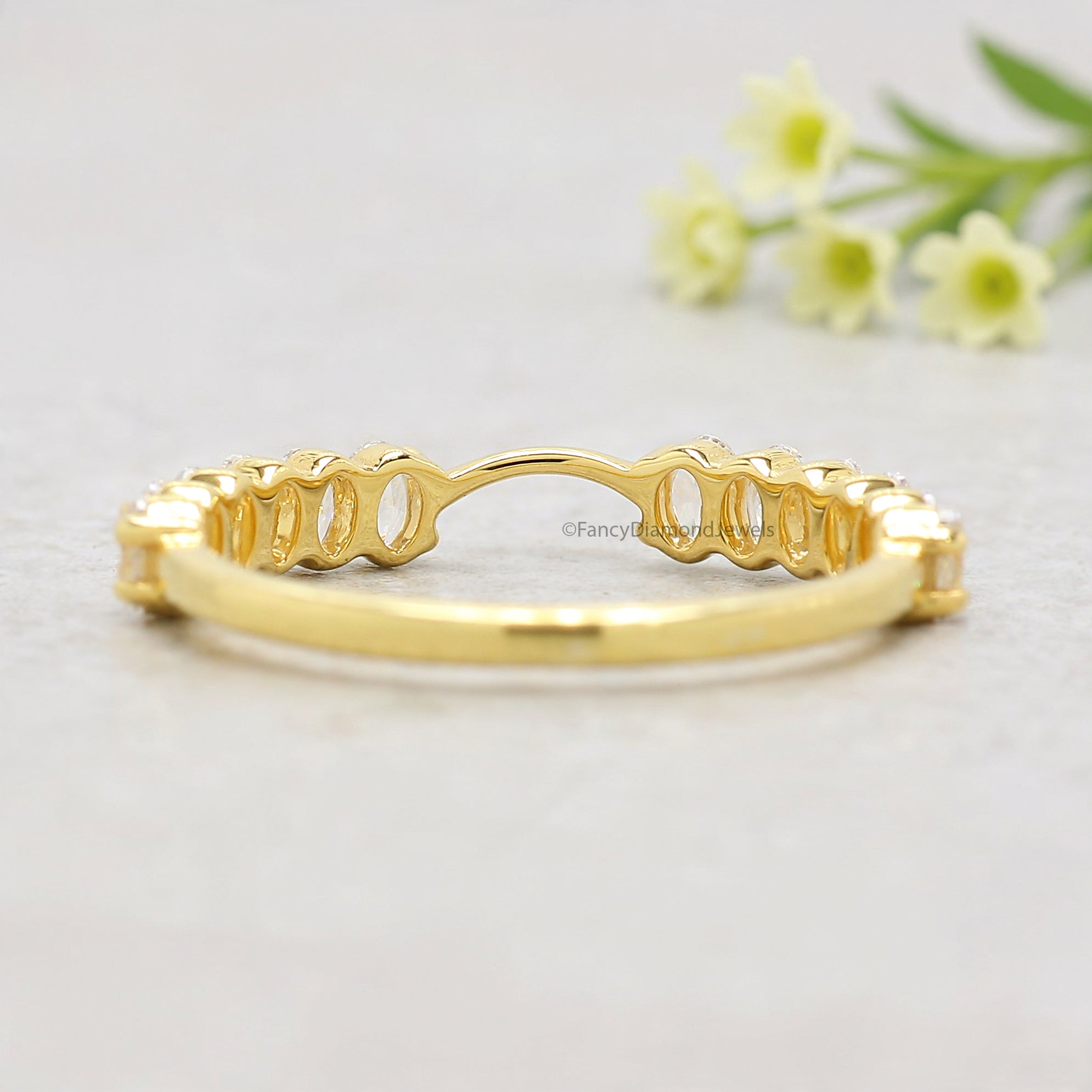 Oval Cut Diamond Wedding Band Yellow Gold Unique Half Eternity Wedding Band Vintage Notched Stacking Matching Bridal Gift For Her FD526