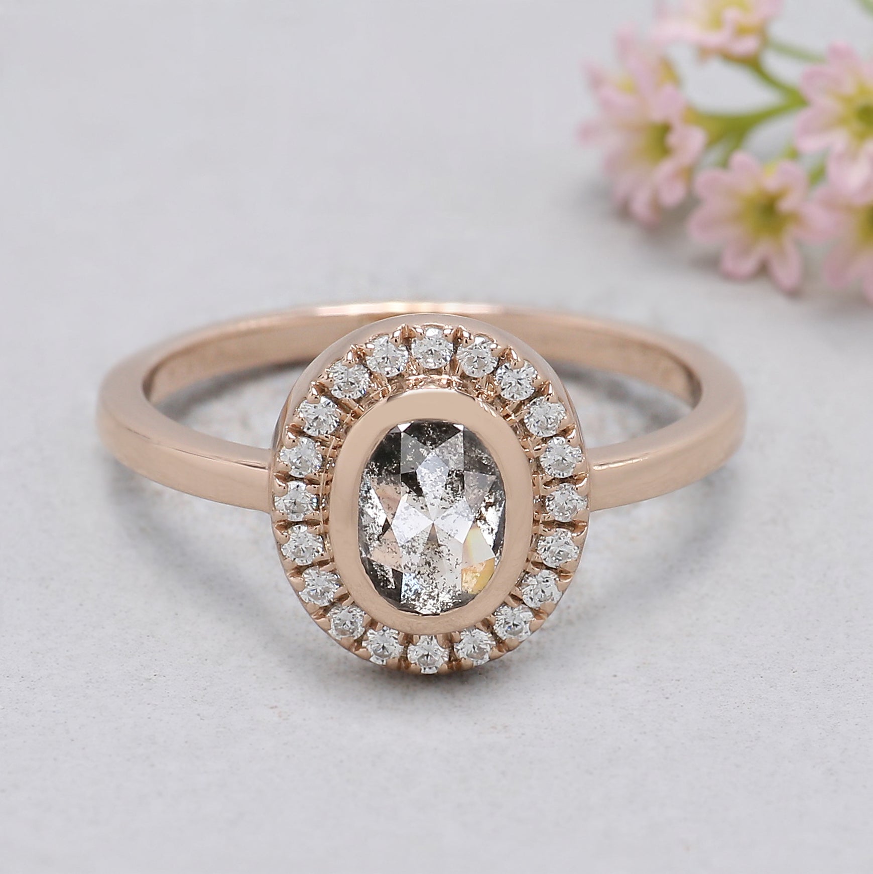 Oval Cut Salt And Pepper Diamond Ring 0.79 Ct 6.35 MM Oval Diamond Ring 14K Solid Rose Gold Silver Oval Engagement Ring Gift For Her KDL1476