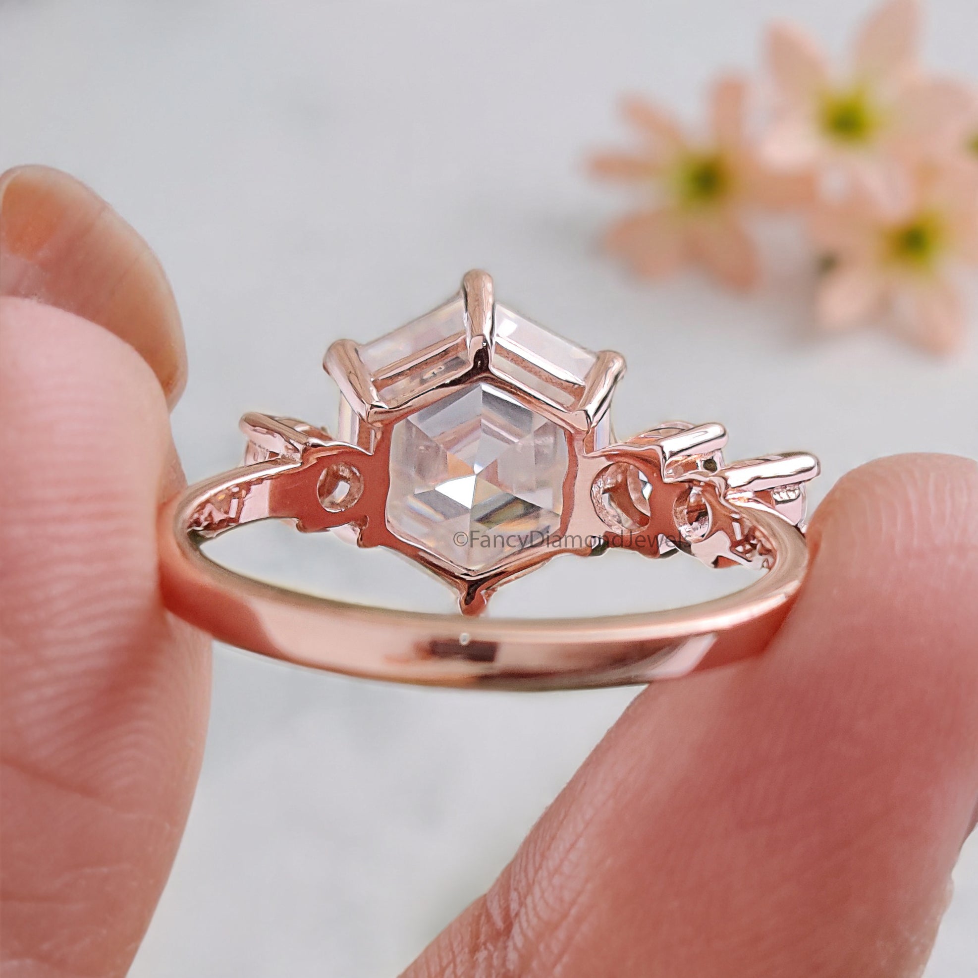 2.95 CTW Antique Hexagon Cut Moissanite Engagement Ring Rose Gold Four Stone Ring Engagement Ring Delicate Wedding Bridal Ring FD235